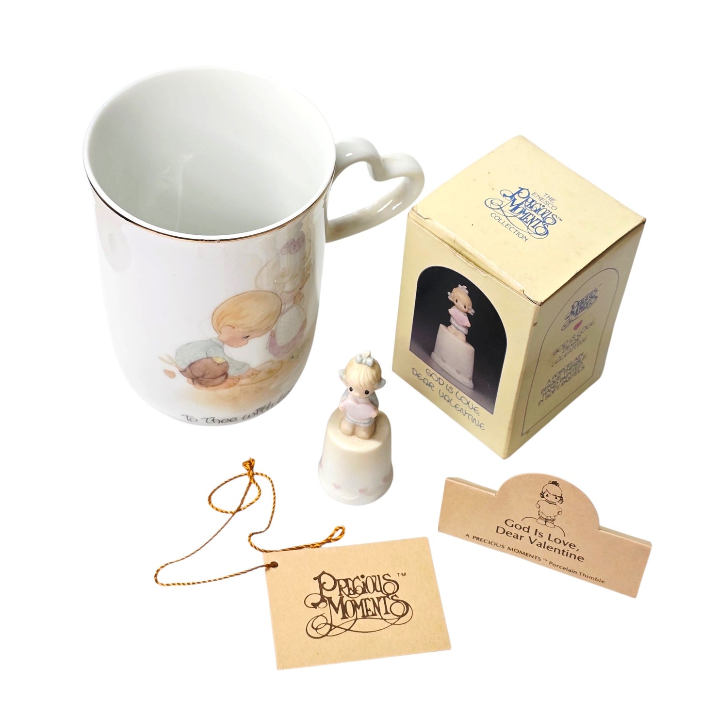 Precious Moments God is Love Dear Valentine Thimble & 1980 To Thee with Love Mug