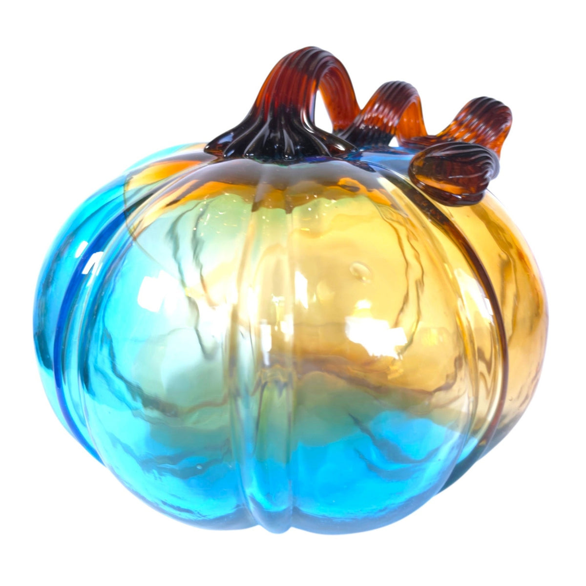 Hand Blown Art Glass Pumpkin Turquoise Blue Amber Brown Curly Stem Fall Decor