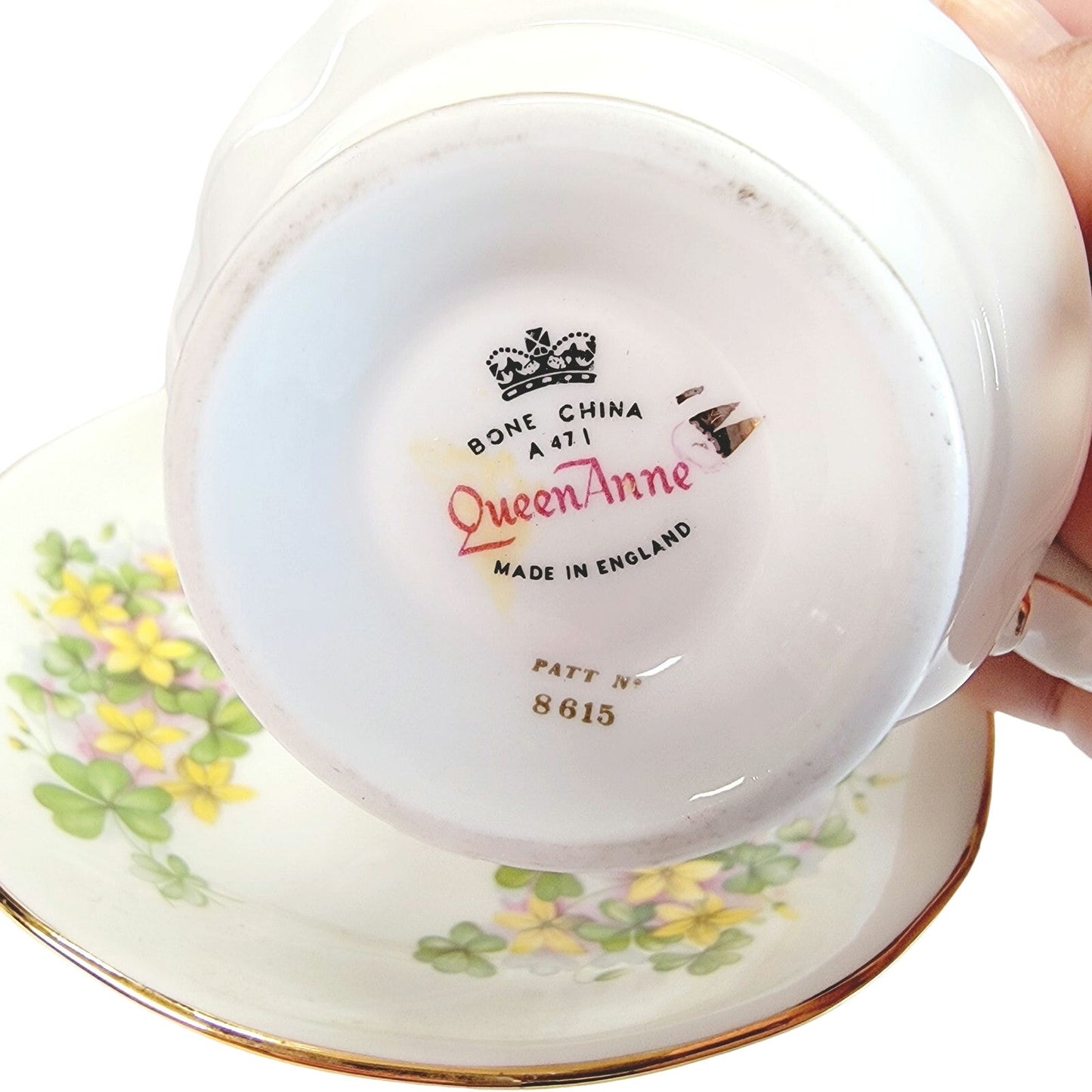 Queen Anne Teacup & Saucer Bone China, Made in England, Yellow Flowers & Clovers