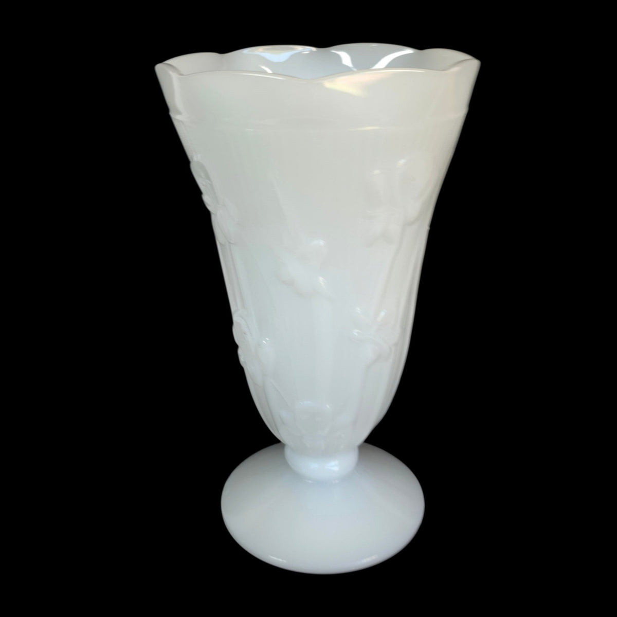 Vintage Jeannette Glass Iris & Herringbone Milk Glass 9” Footed Vase