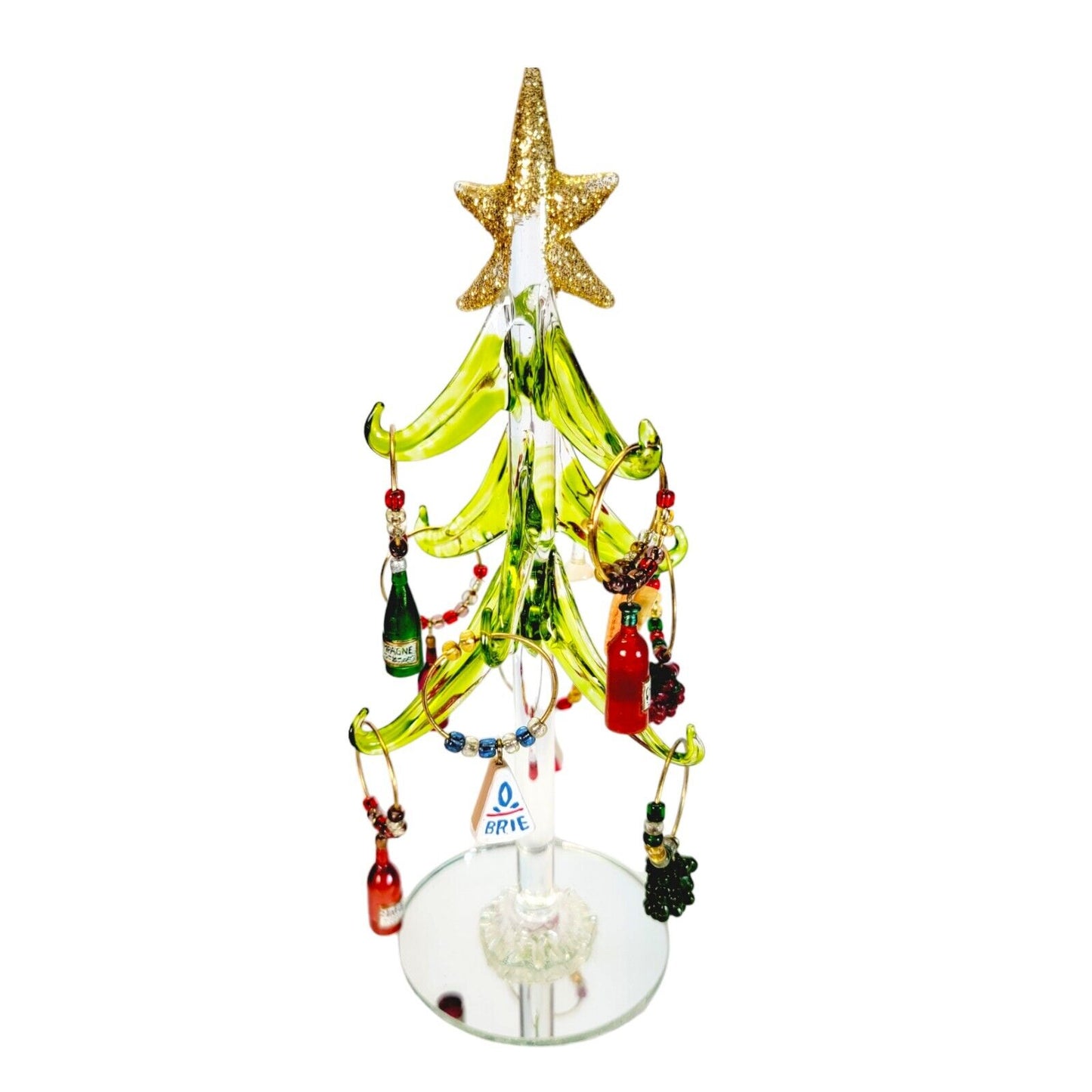 Art Glass Wine Charm Christmas Tree w/ 10 Wine Charms /Cocktail Charms, Mirrored