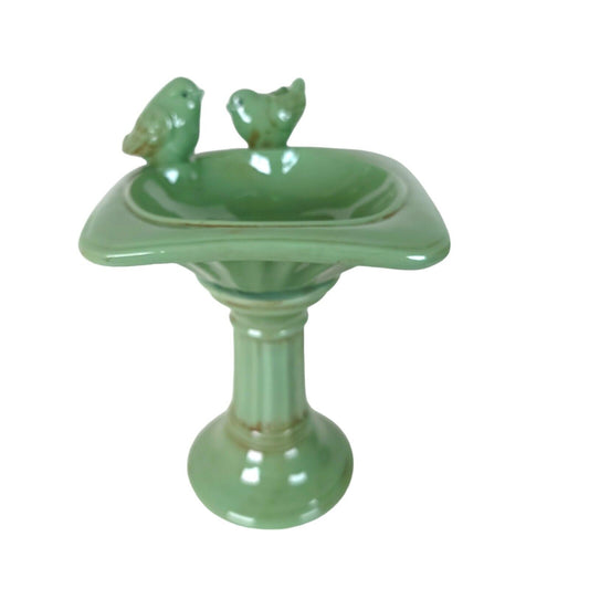 Tabletop Bird Bath Feeder Green Glazed Ceramic with 2 Perched Birds FLAW