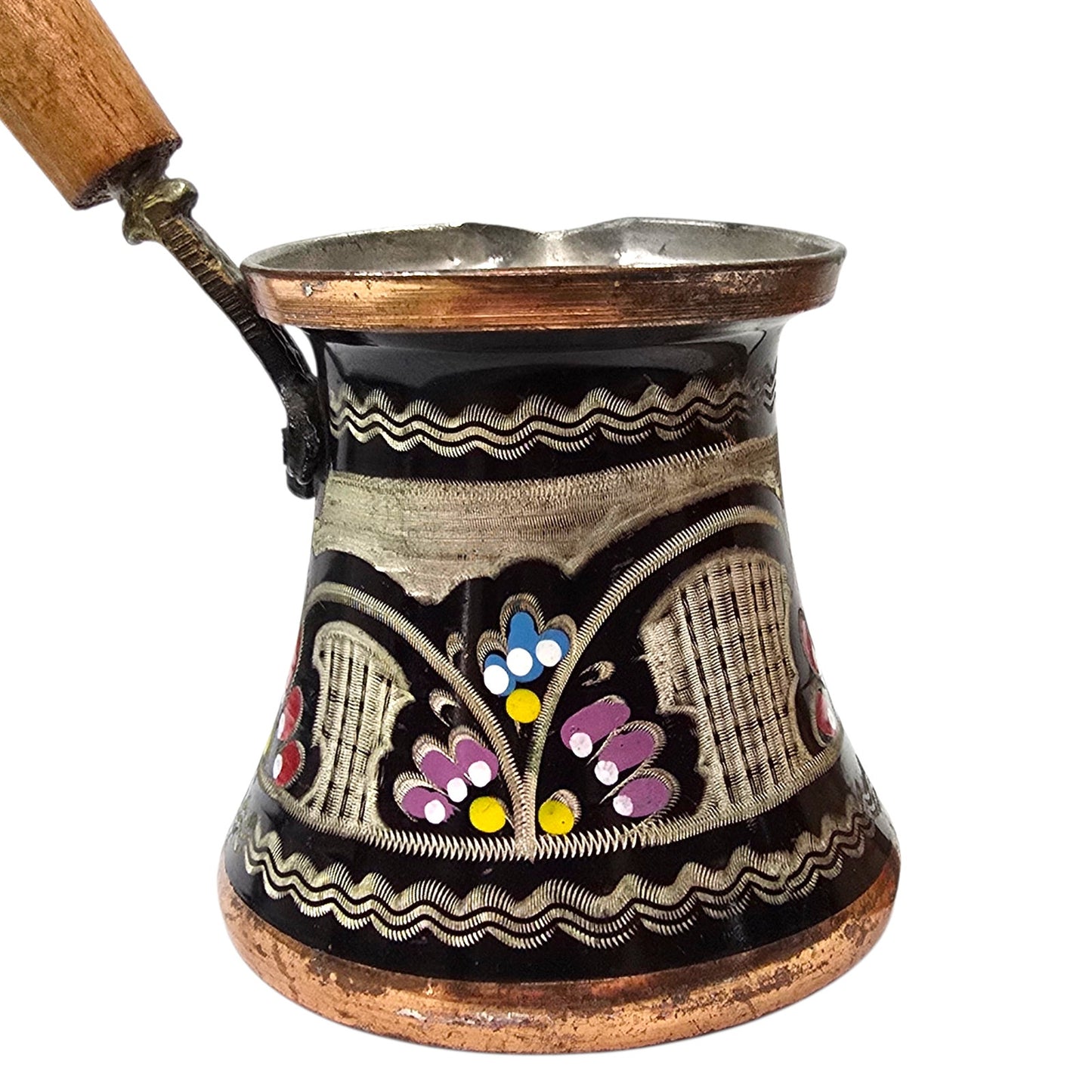 Vintage Hand Painted Copper Turkish Coffee Pot 6oz Enamel Floral Folk Art Cezve w/ Wood Handle