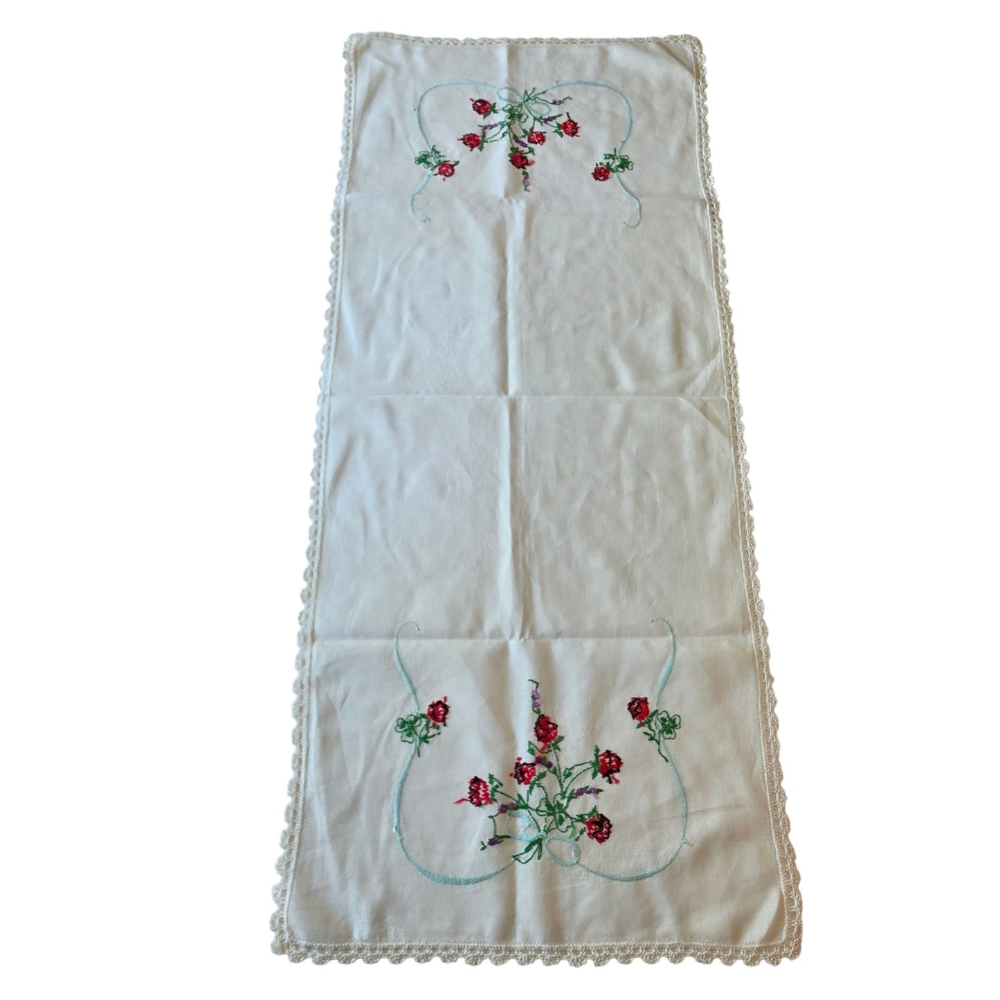 Vintage Berry Blossom Embroidered Linen Table Runner Dresser Scarf Crochet Lace
