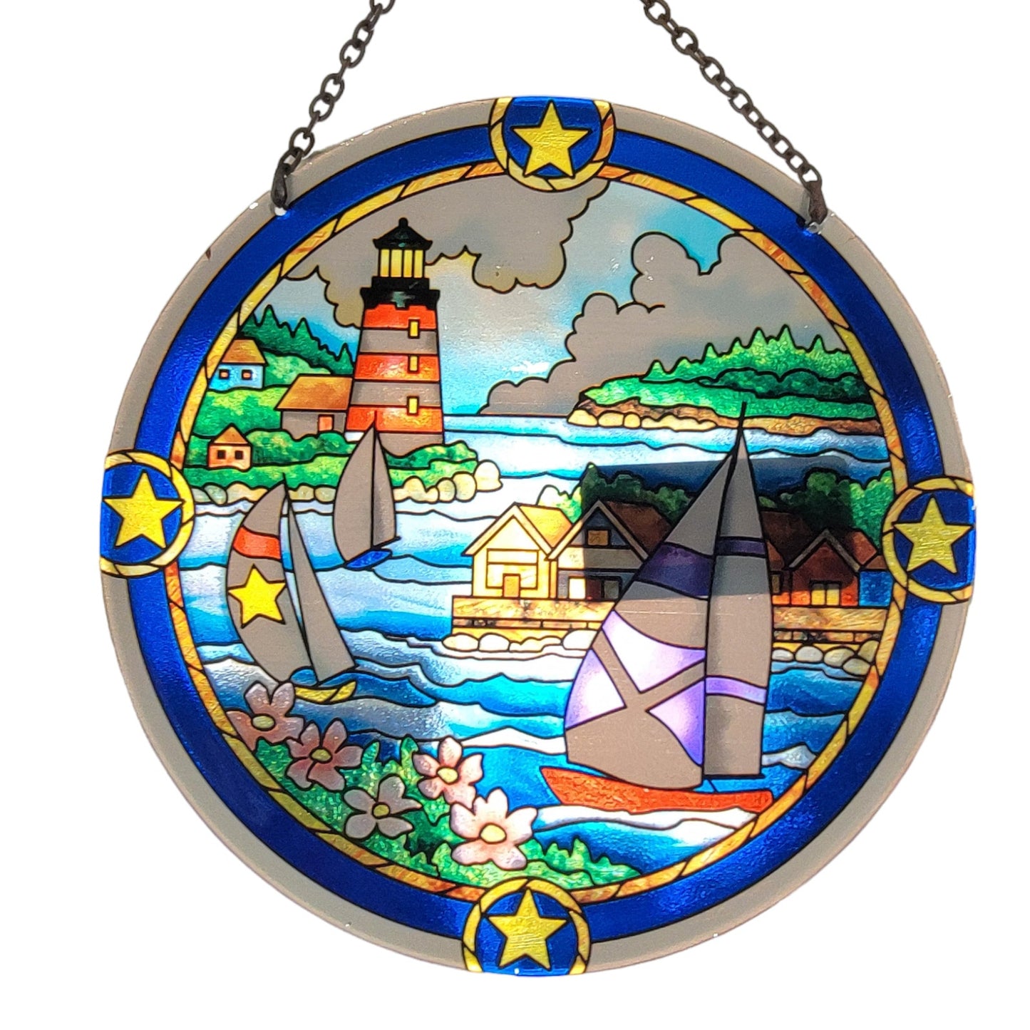 Stain Glass Sailboat Lighthouse Ocean Village Sun Catcher Window Hanging 6.5" D