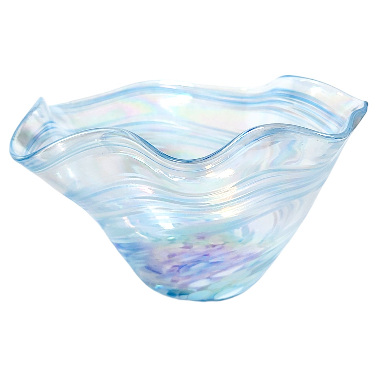 Glass Eye Studio Hand Blown Ruffled Glass Bowl Blue and White Iridescent 6" W