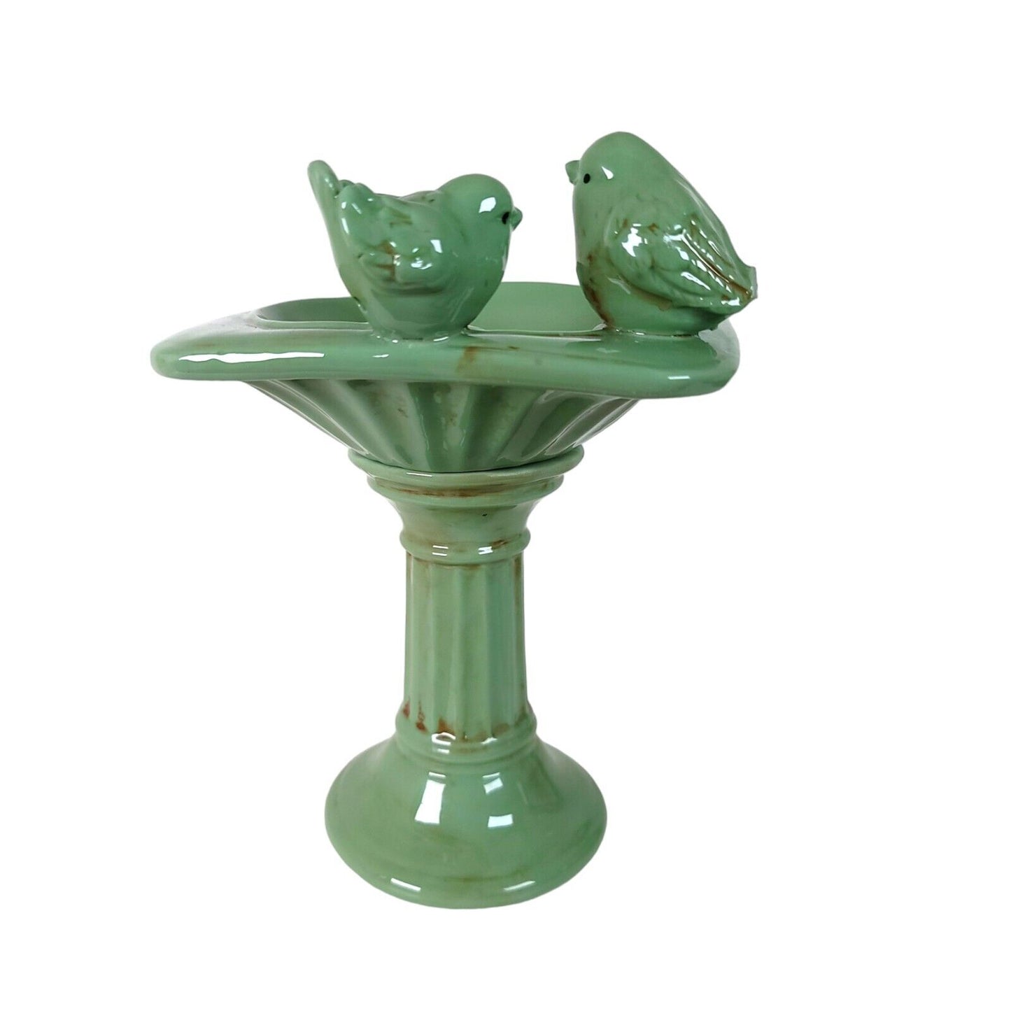 Tabletop Bird Bath Feeder Green Glazed Ceramic with 2 Perched Birds FLAW