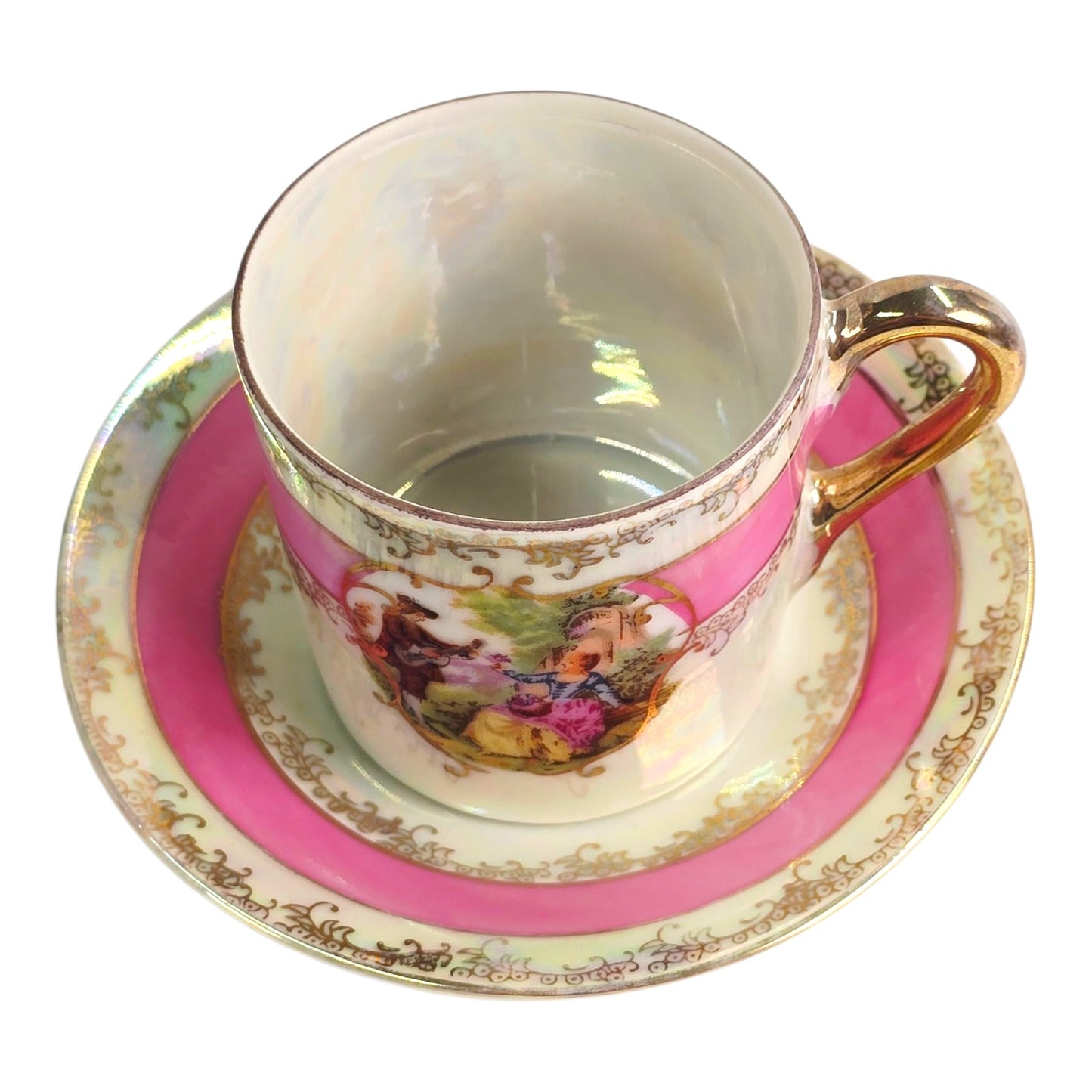 Vtg Lefton China Tea Cup & Saucer Pink Band Gold Trim Courting Couple 1798
