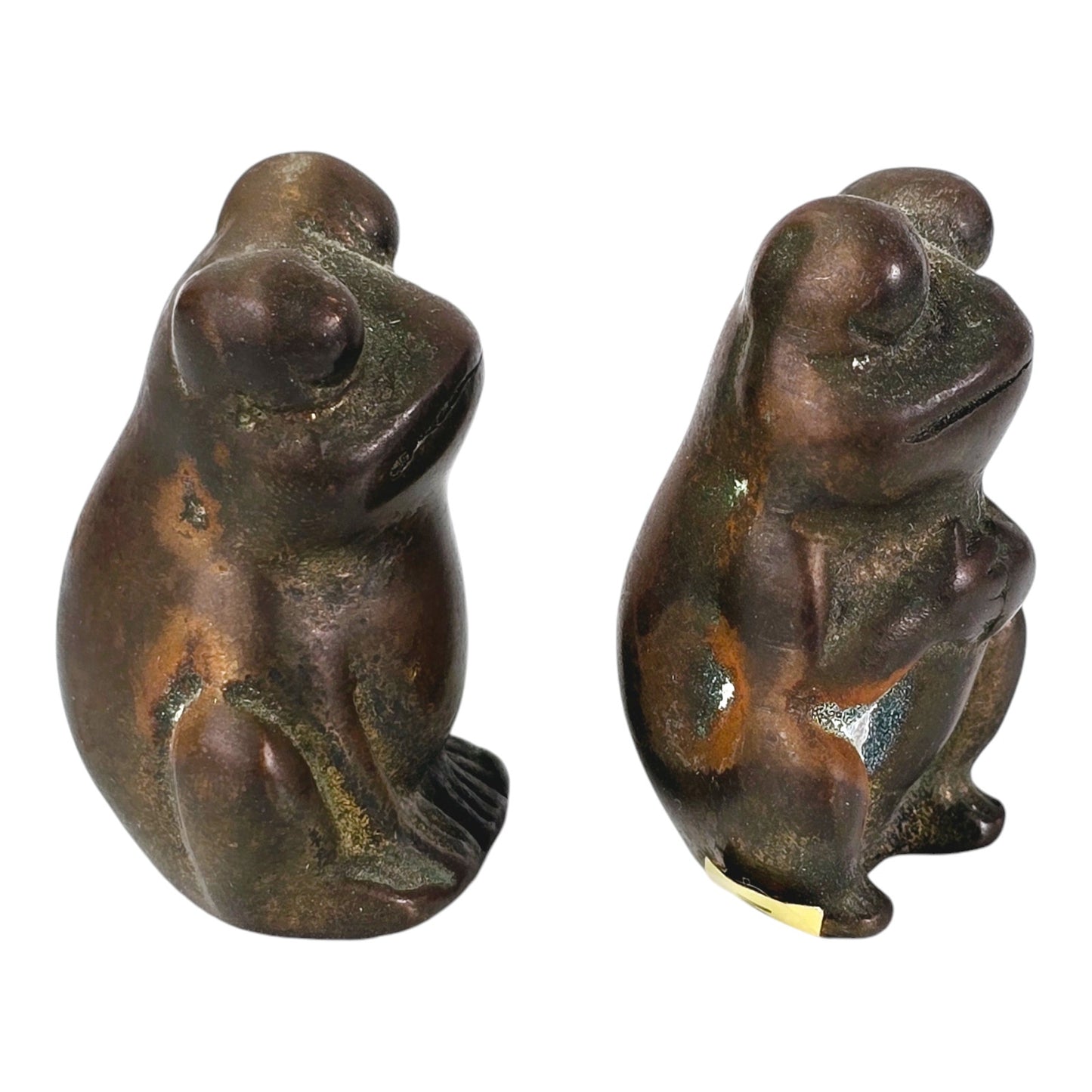 Set of 2 Miniature Brass Frog Figurines, with Patina, 1.5" H