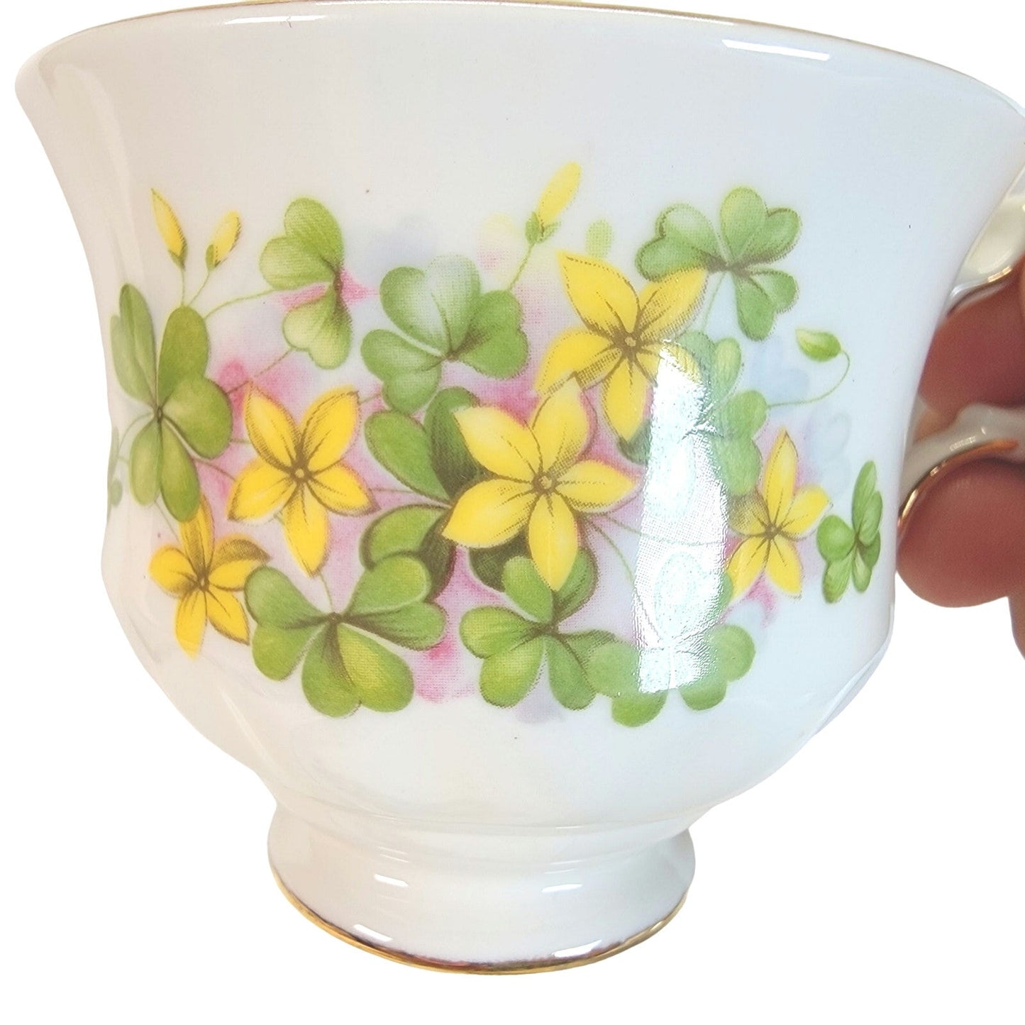 Queen Anne Teacup & Saucer Bone China, Made in England, Yellow Flowers & Clovers