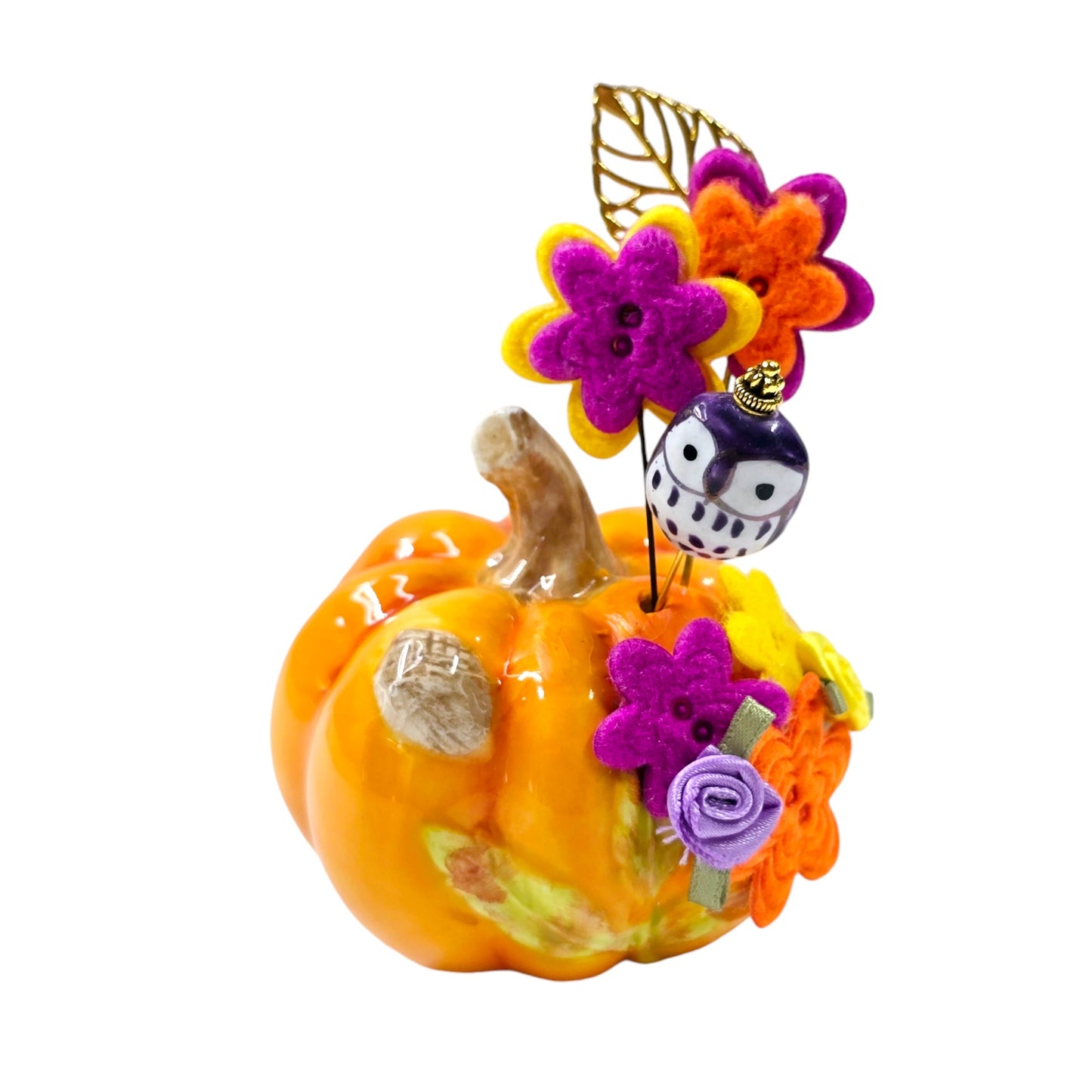 Pumkin Shaker with Felt Flowers and Owl Hat Pins