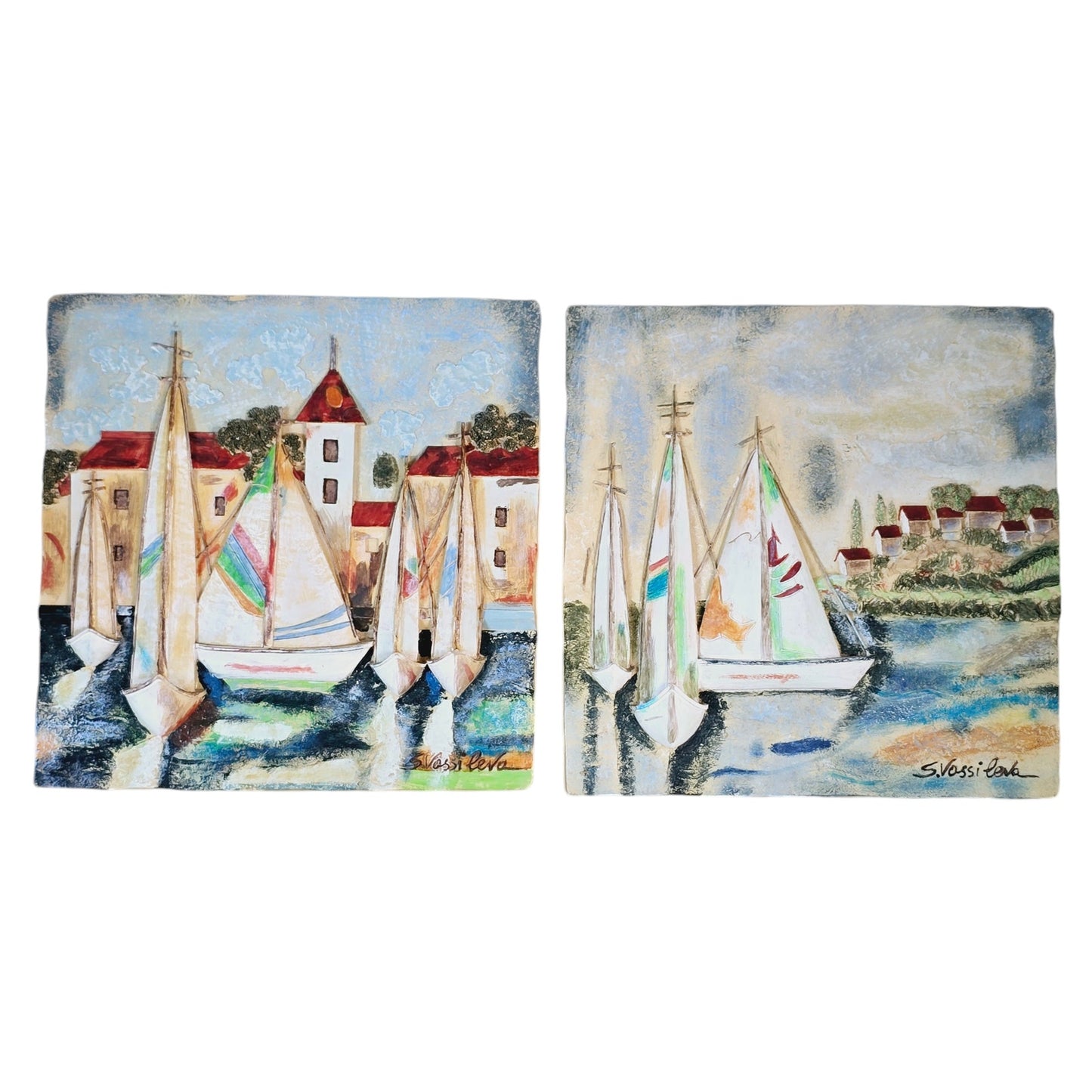 Set of 2 Sailboat Harbor Marina Wall Art 3D Resin Tile Plaques by S. Vassileva