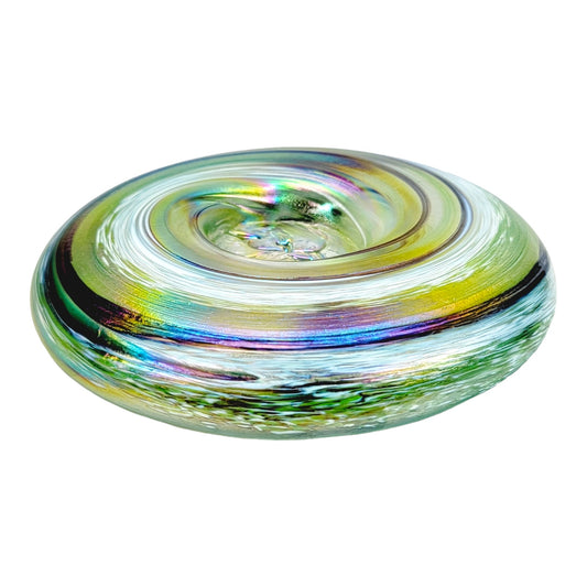 Scottish Borders Art Glass Tealight Candle Holder Iridescent Green Swirl