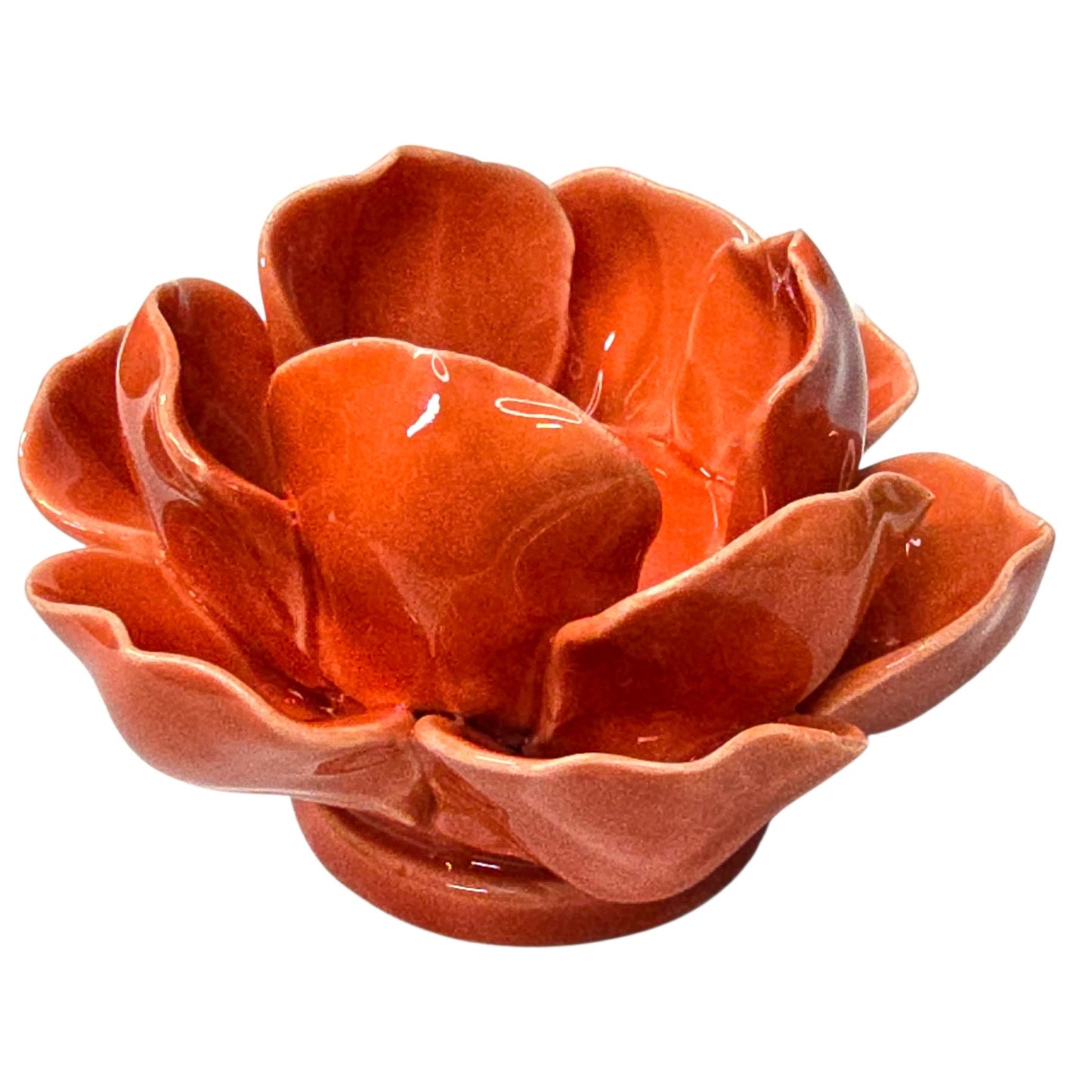 Vintage Poppy Orange Glazed Pottery Lotus Flower Candle Holder Tea Light Artisan