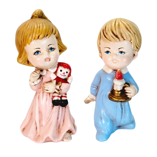 Set of 2 Vtg Ceramic Christmas Figurines Girl, Ragedy Ann & Boy, Candle 3.75" H