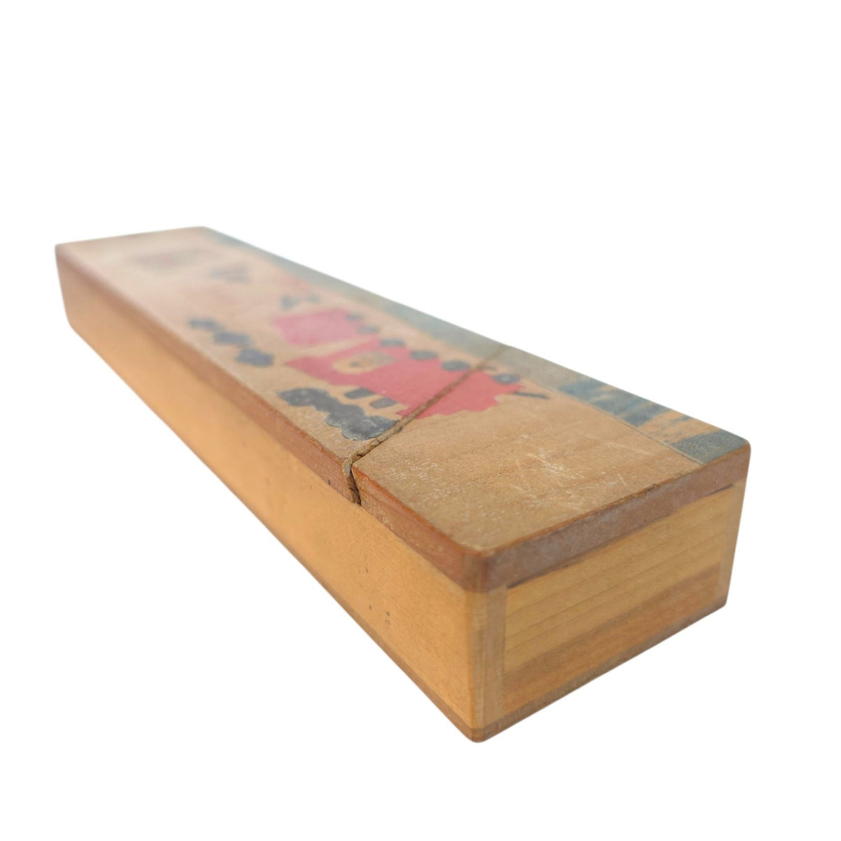Vintage Wooden Sliding Lid Pencil Box - Hand-Painted Train Motif Mid Century 9"