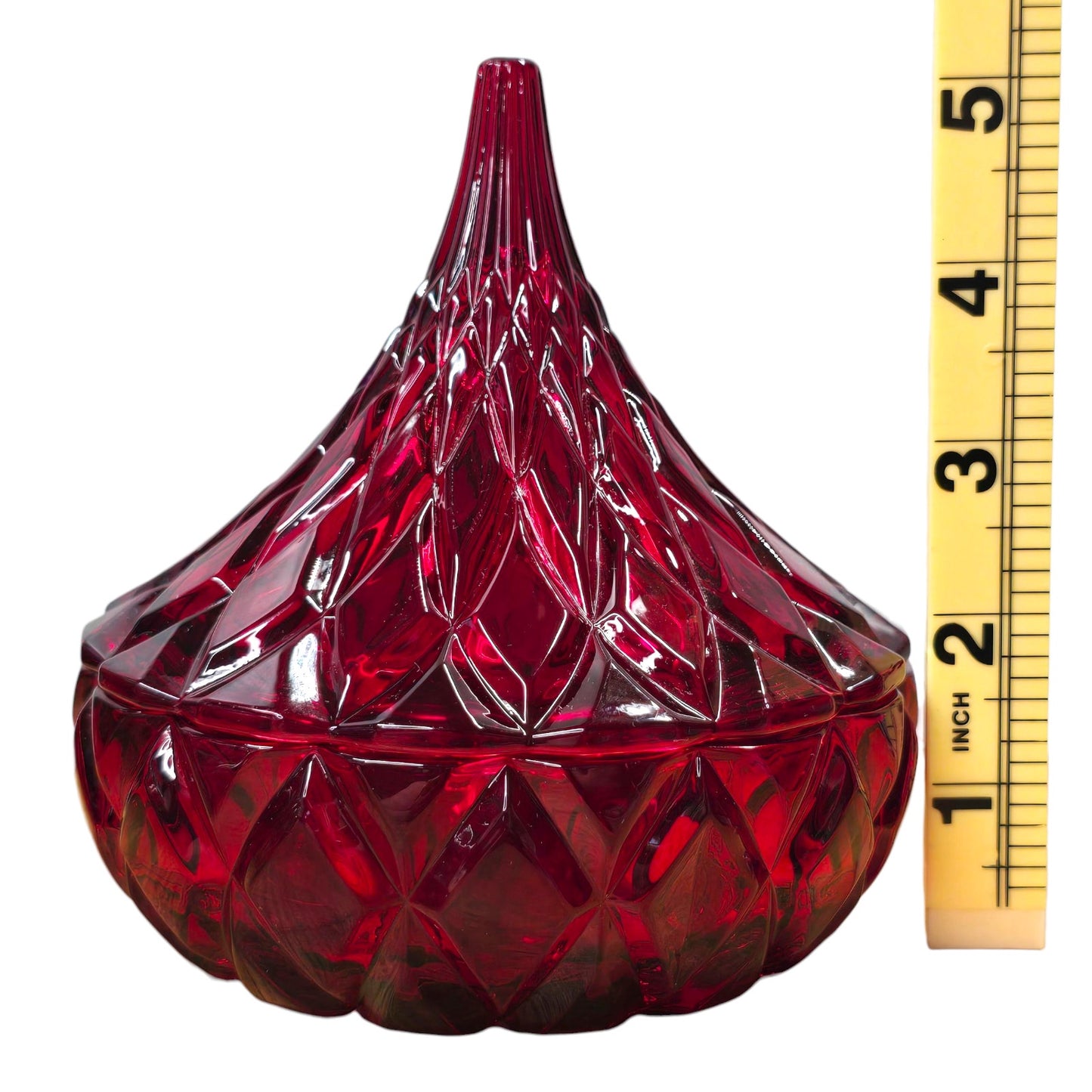 Hershey's Kisses Ruby Red Flash Pressed Glass Candy Dish w/ Lid Diamond Point