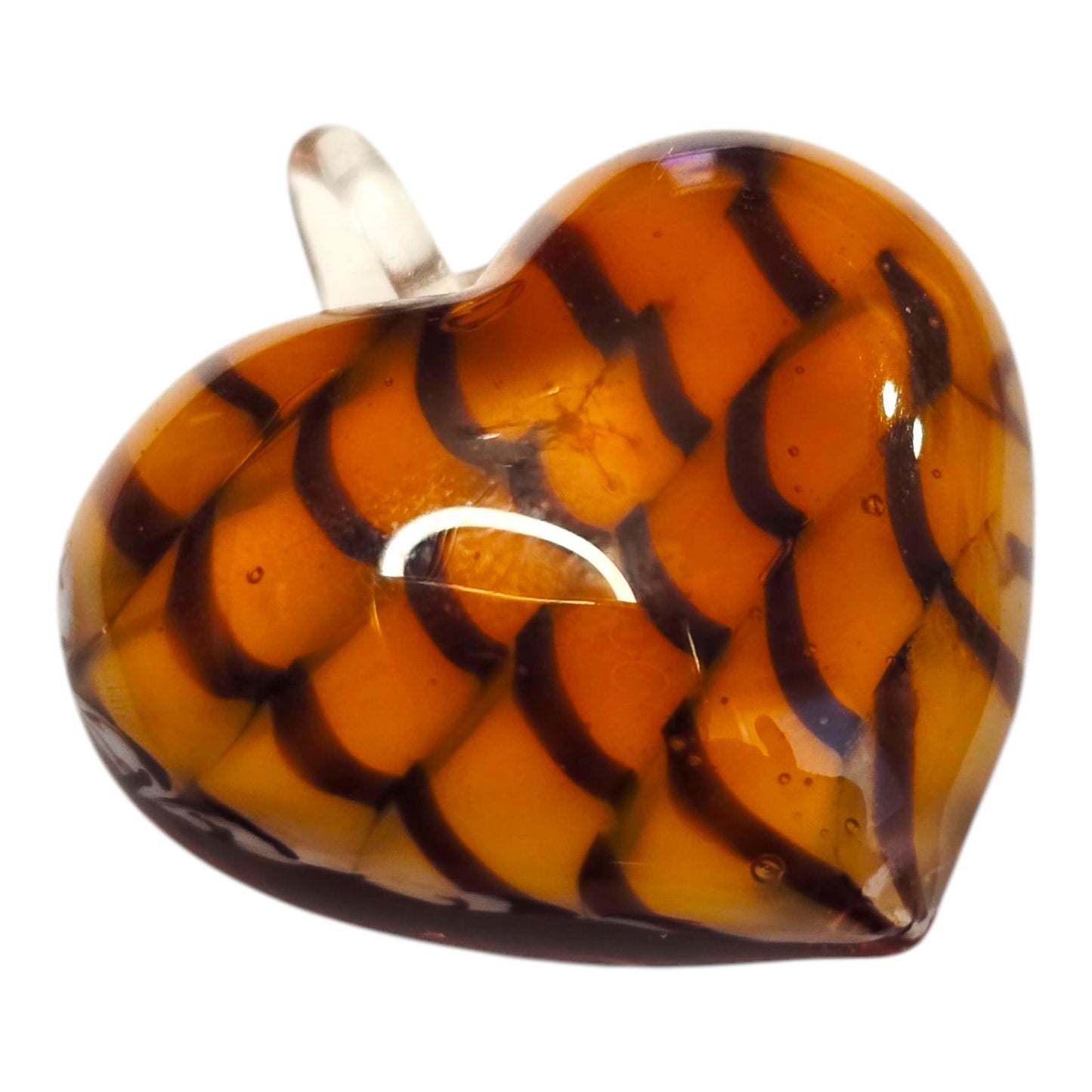 * Vintage Venetian Art Glass Heart Pendant Tiger Stripe Puffy Heart