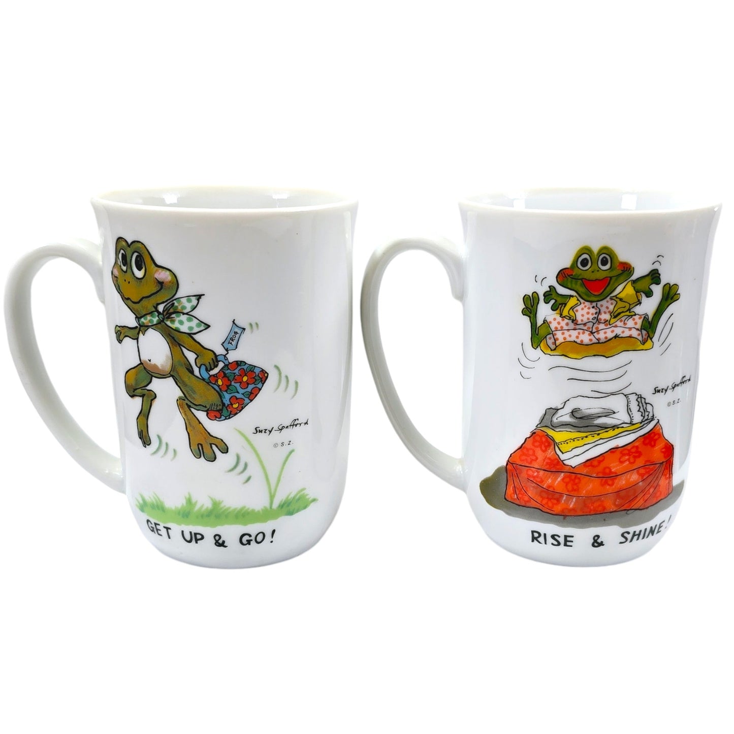 Set of 2 1976 Suzy's Zoo Frog Mugs by Enesco Coffee Mugs, Suzy Zoo Tea Mug Get Up and Go, Rise and Shine Frogs