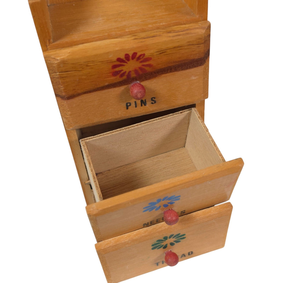 Vintage Wood Sewing Notions Box 3 Drawers Floral Wall Mount Pins Needles Thread