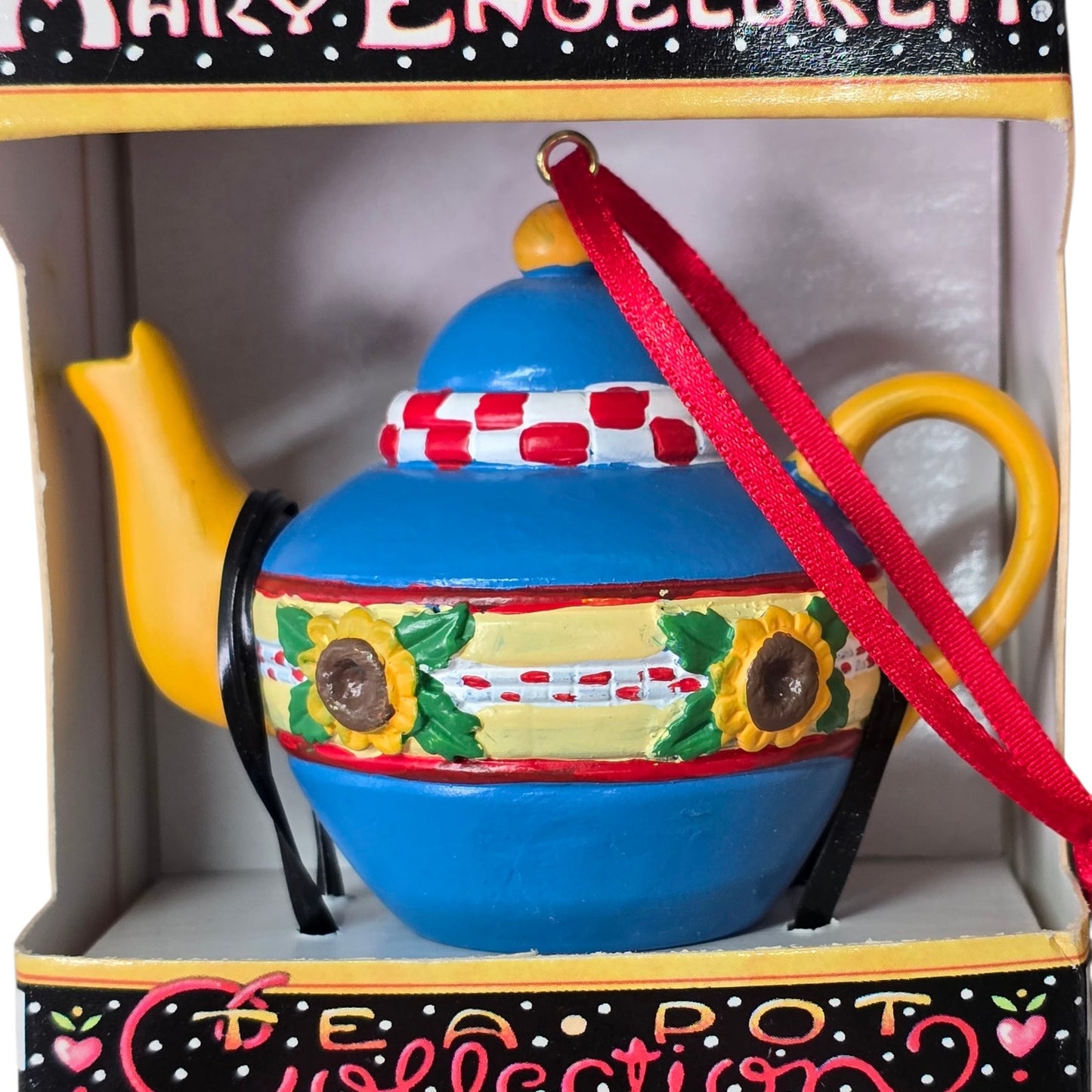 Set of 2 ME Mary Englebreit Mini Teapot Ornaments New in Box Blue Sunflowers Yellow Hearts