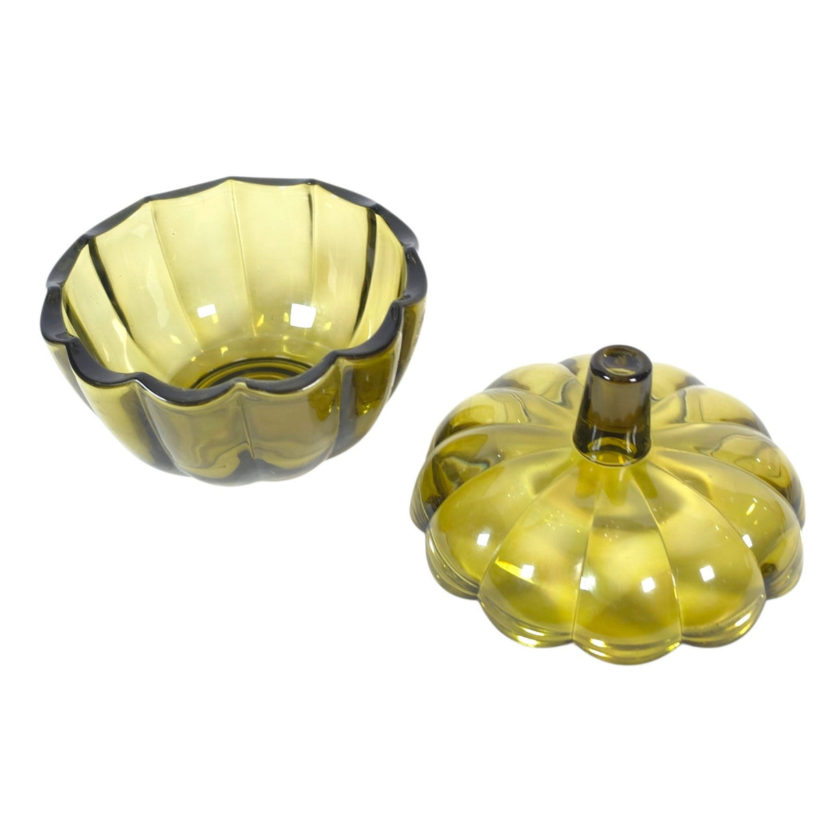 Olive Green Glass Pumpkin Jar with Lid Decorative Fall Trinket Container
