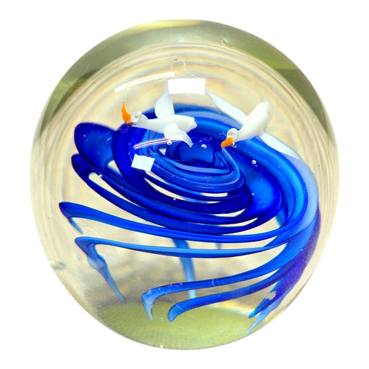 Seagulls in Flight Cobalt Swirl Glass Paperweight