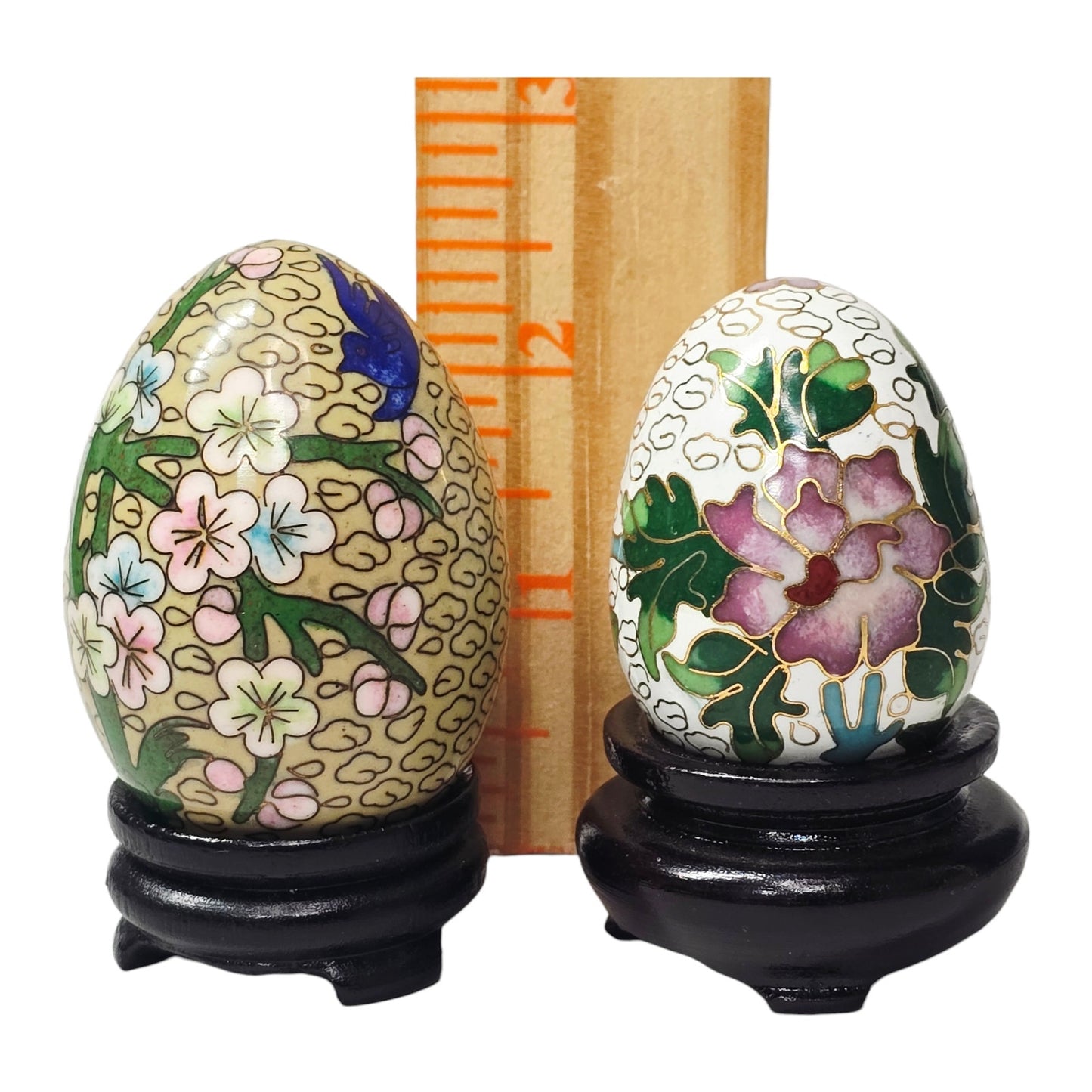 Vtg Chinese Cloisonné Enamel on Brass Eggs on Wooden Stands Set of 2 Floral Bird
