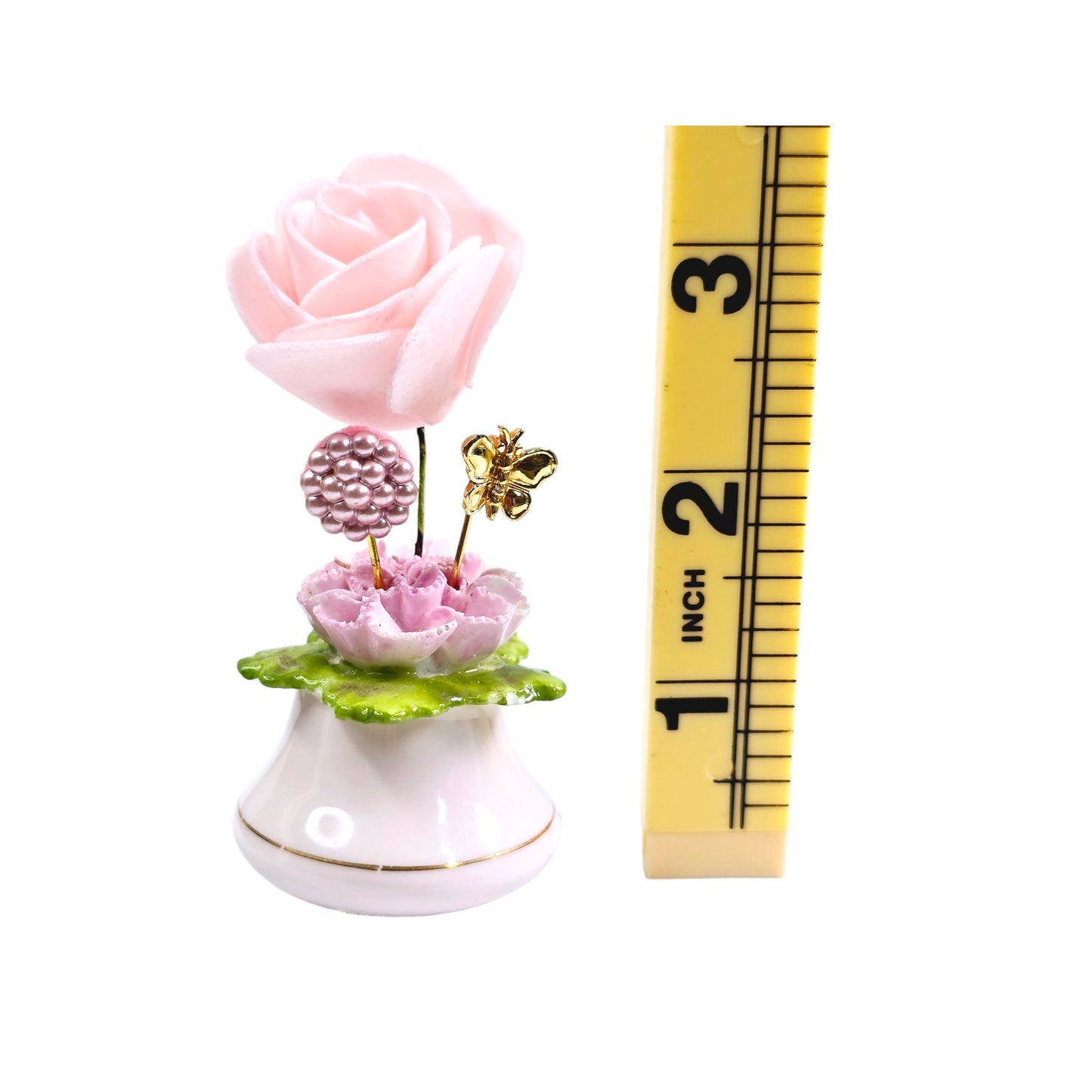 Vintage Pink Flower Pot Salt Shaker Hat Pin Display