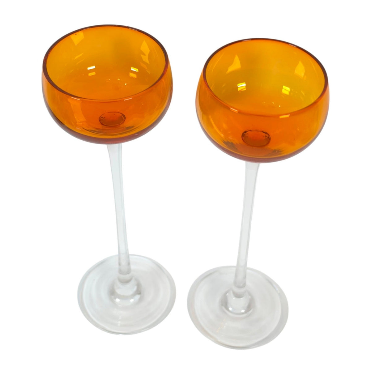 Vtg Roscher & Co. Amber Orange Long Stem Cocktail Glasses Set of 2 UV React 8.5"