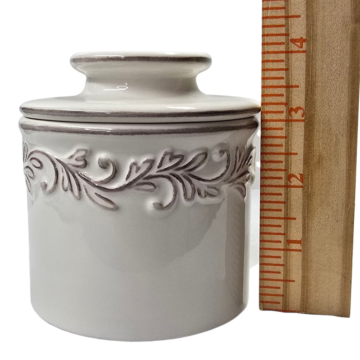 Butter Bell Crock Butter Keeper Stoneware Ceramic L. Tremain 2013 White Embossed