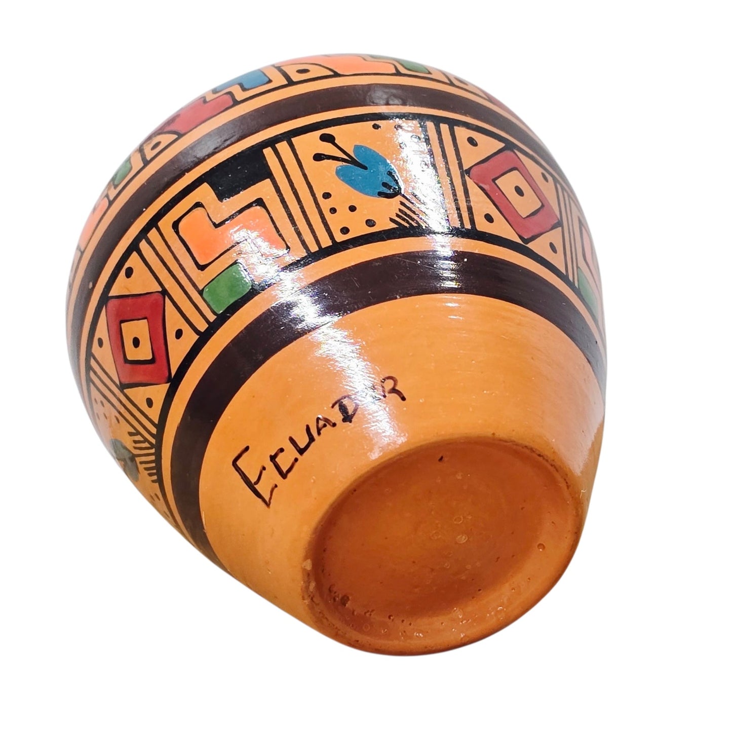 Miniature Ecuador Hand Painted Pottery Vase – Geometric Folk Art Pattern 3”H