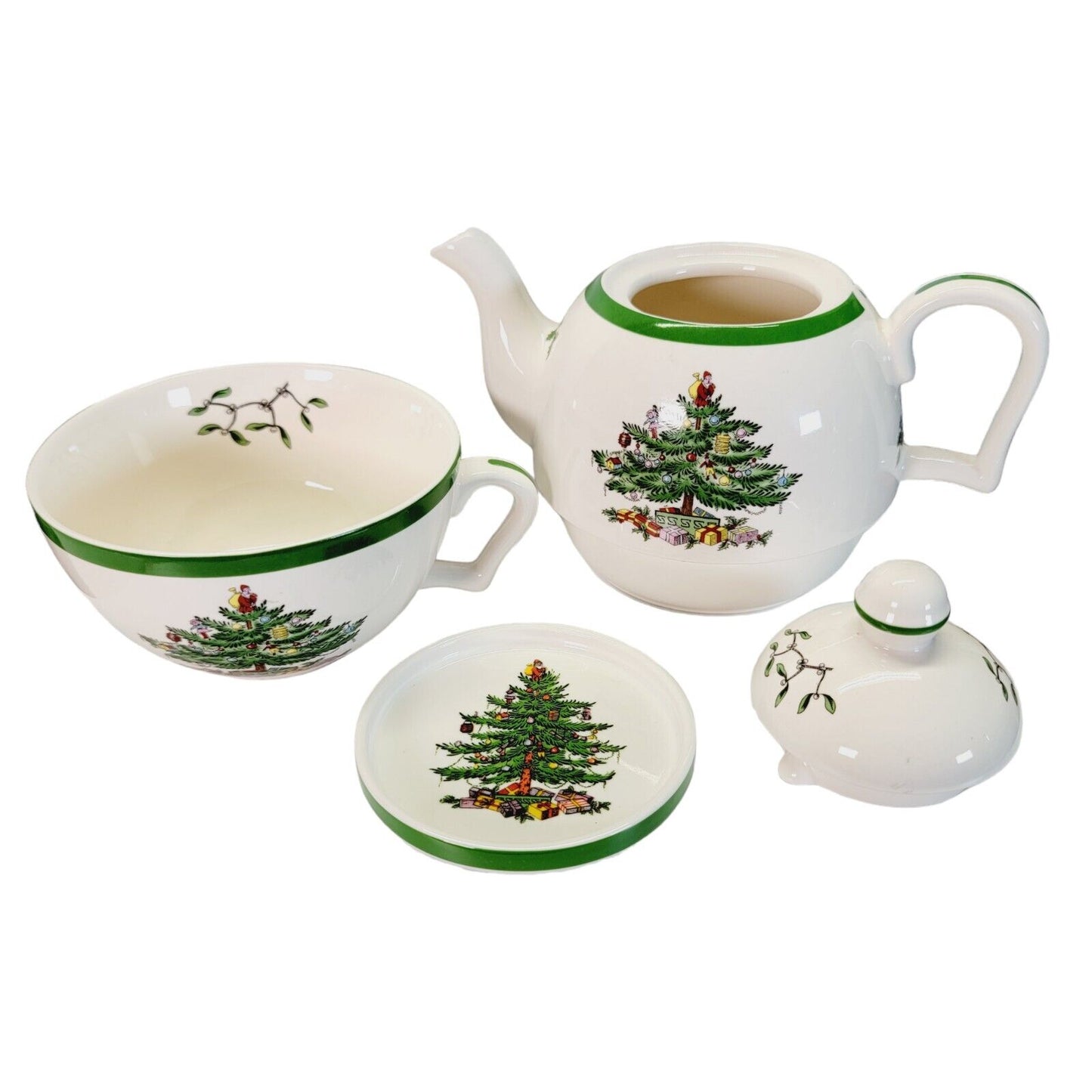 Spode Christmas Cheer Tea For One, Teapot, Cup & Coaster, 4 Pc Set, Spode Tree