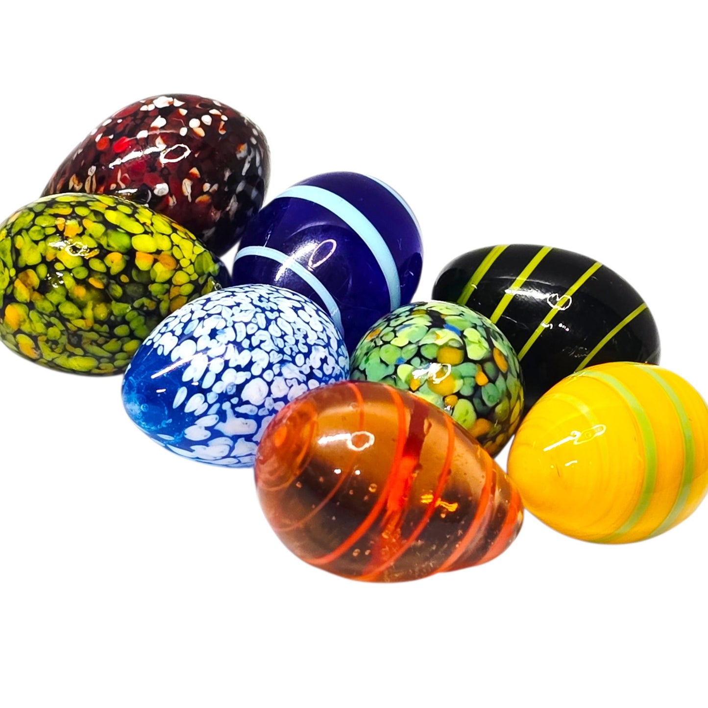 Set of 8 Handblown Art Glass Eggs Colorful Artisan Glass Miniature Eggs w Basket