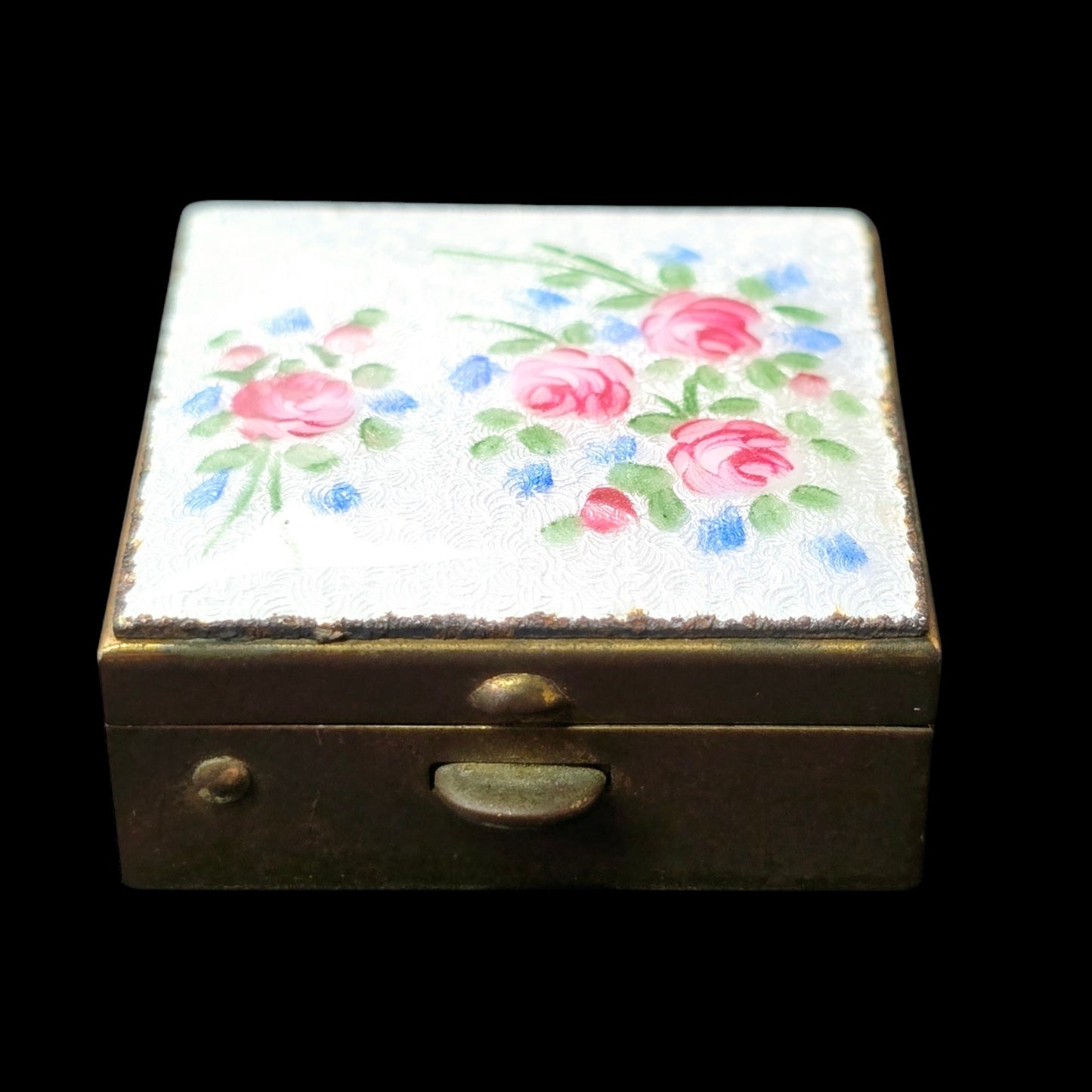 Vintage Pill Box Hand Painted Enamel over Brass with Guilloche Pattern