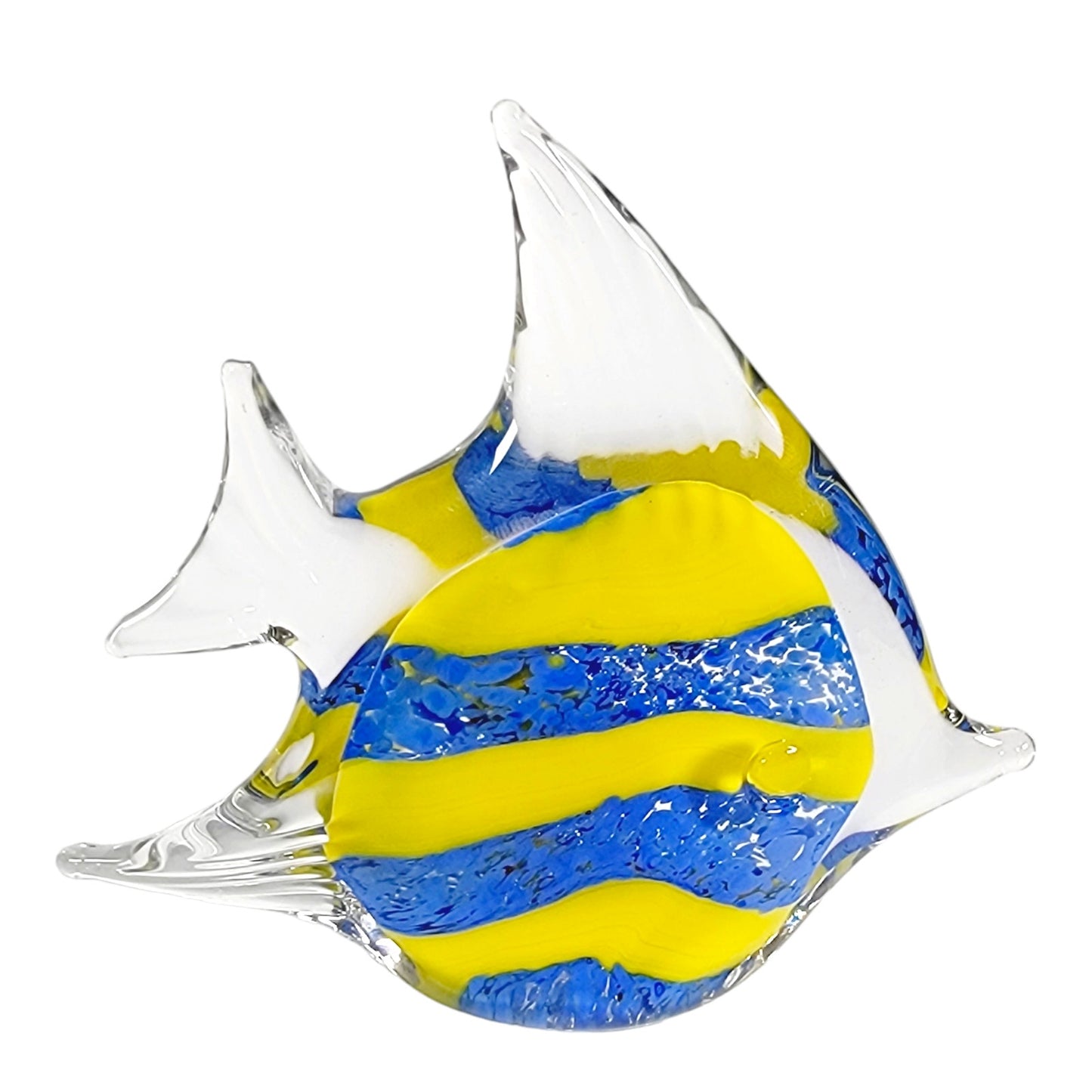 Hand Blown Tropical Fish Figurine Paperweight Blue Yellow Striped 5" Art Glass