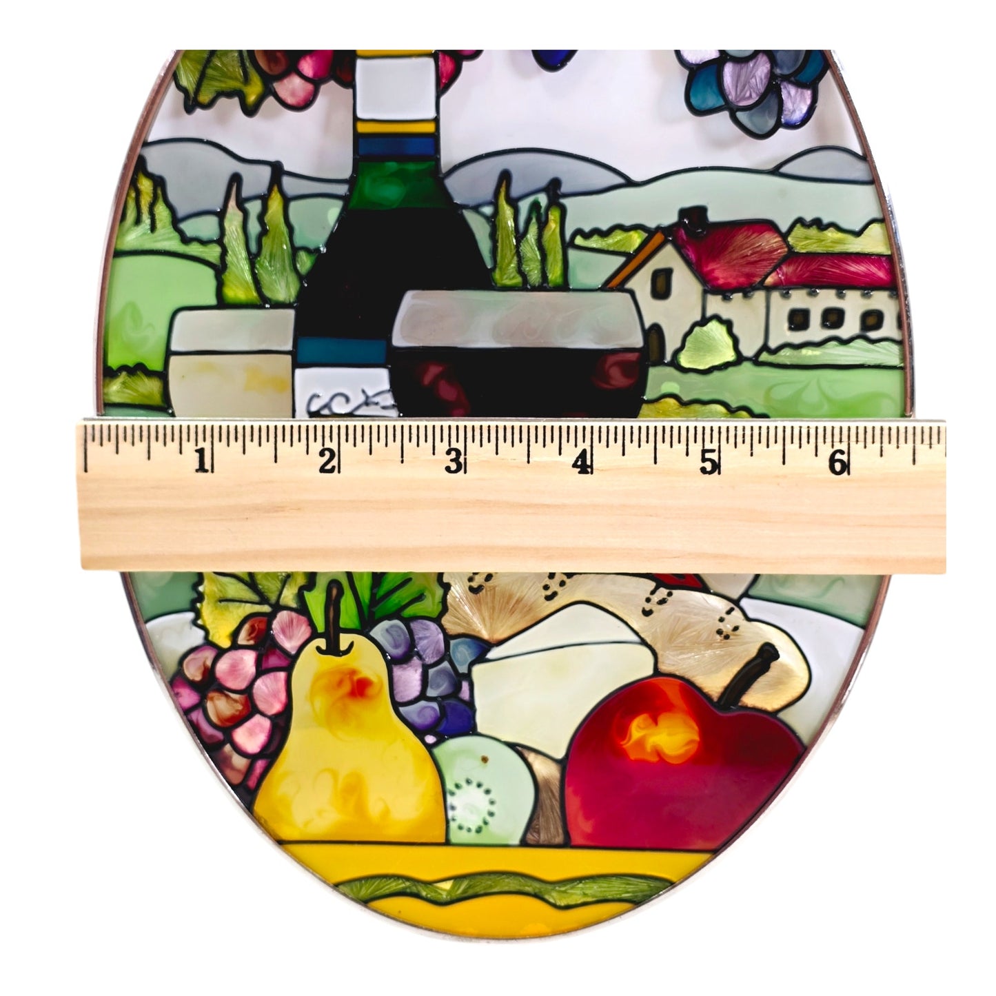 Hand-Painted Wine and Cheese Stain Glass Suncatcher 9" H x 6.5" W