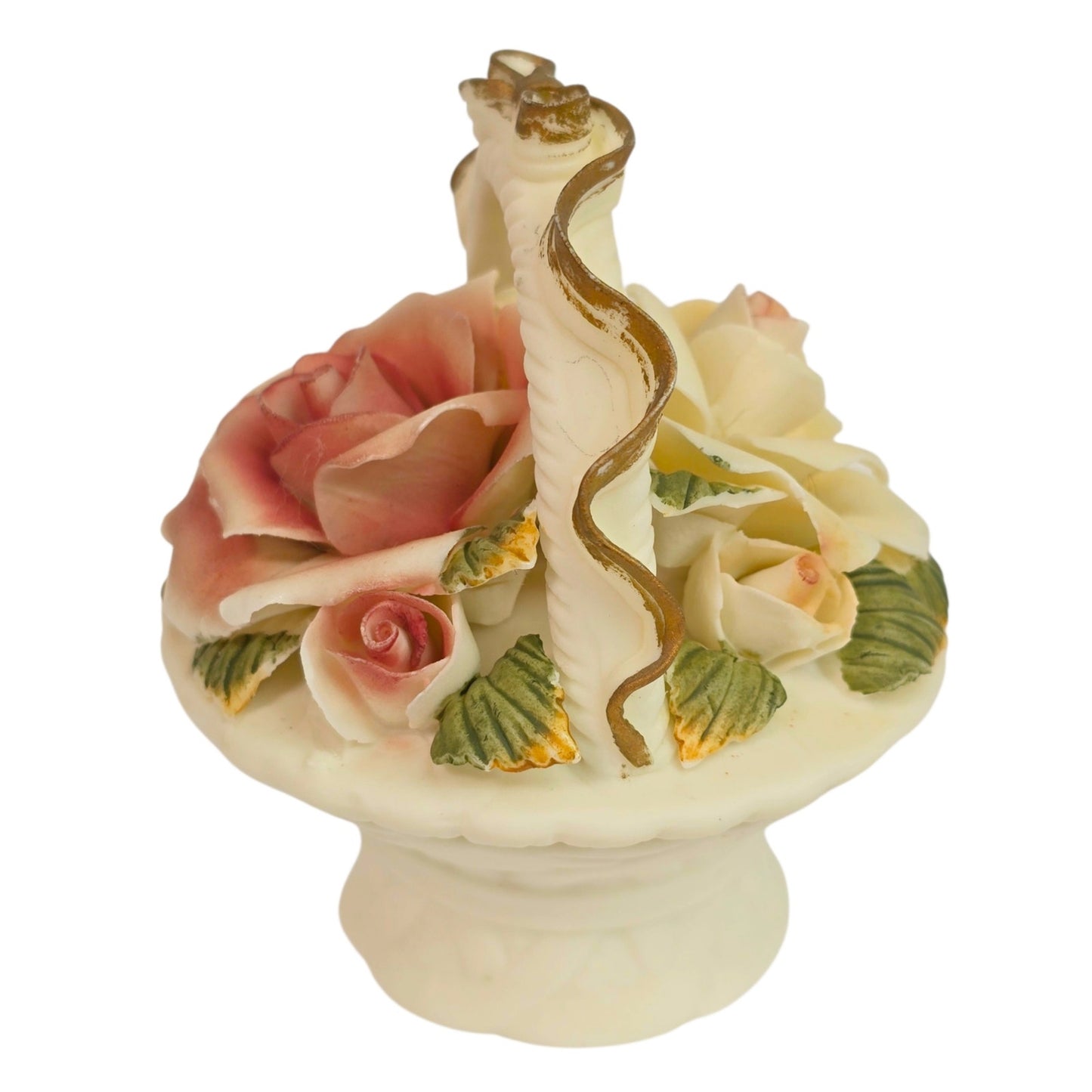 Vintage Porcelain Trinket Box Basket Pink Cream Rose Floral Lid Vanity Decor