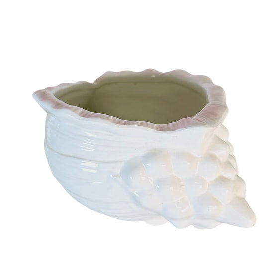 White with Pink Trim Ceramic Conch Shell Pot / Vase