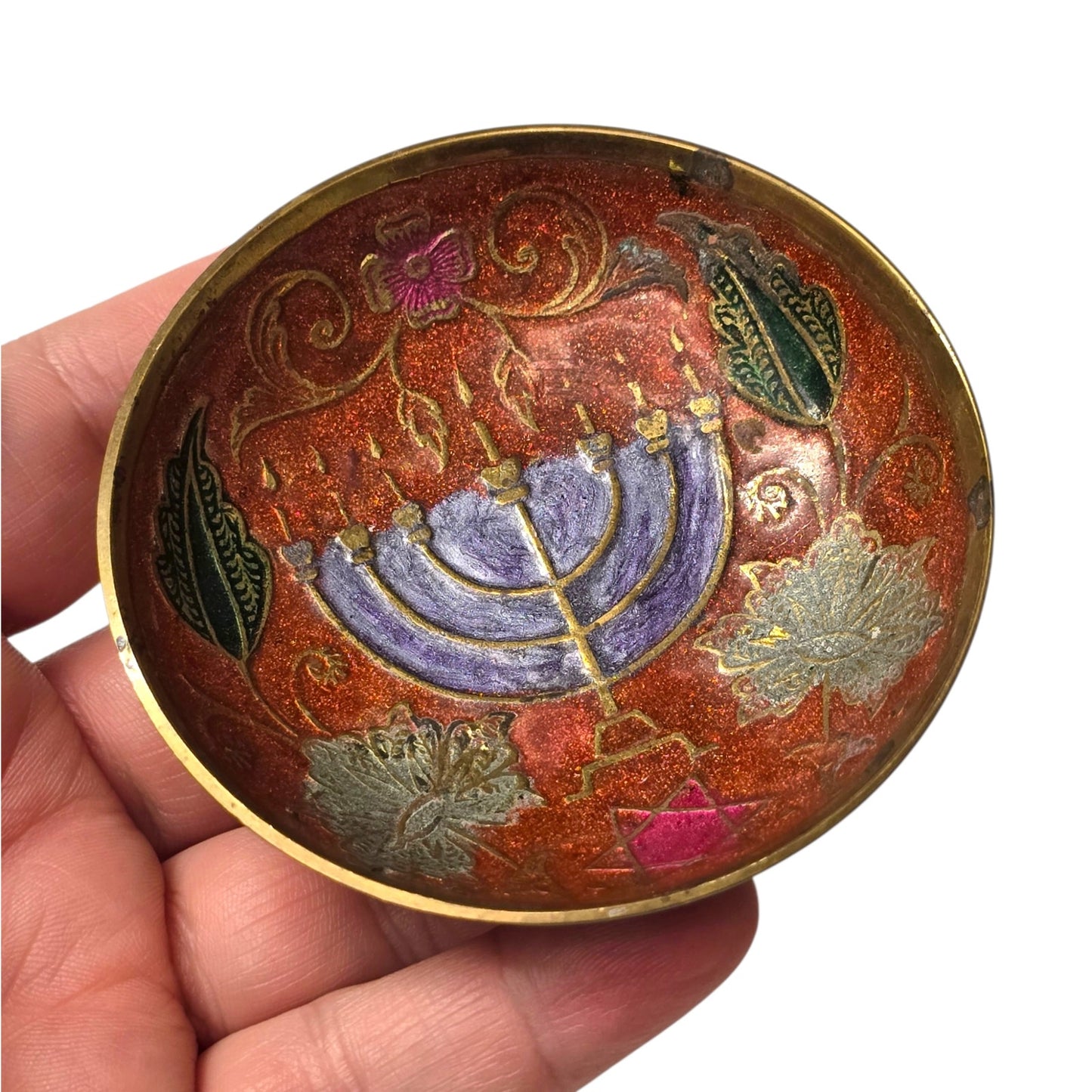 Vintage Brass Menorah Bowl Miniature Enamel Judaica Trinket Dish Israel