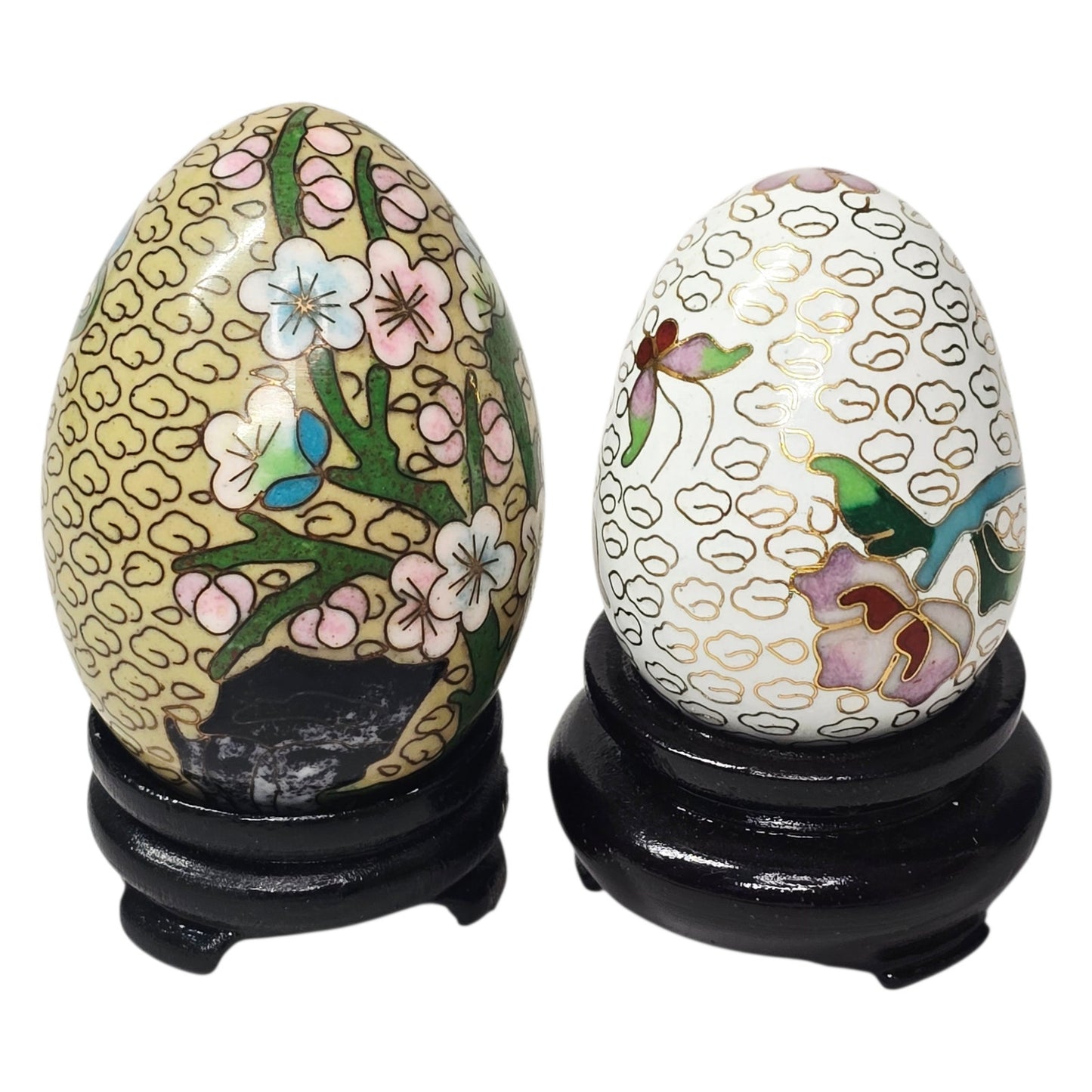 Vtg Chinese Cloisonné Enamel on Brass Eggs on Wooden Stands Set of 2 Floral Bird