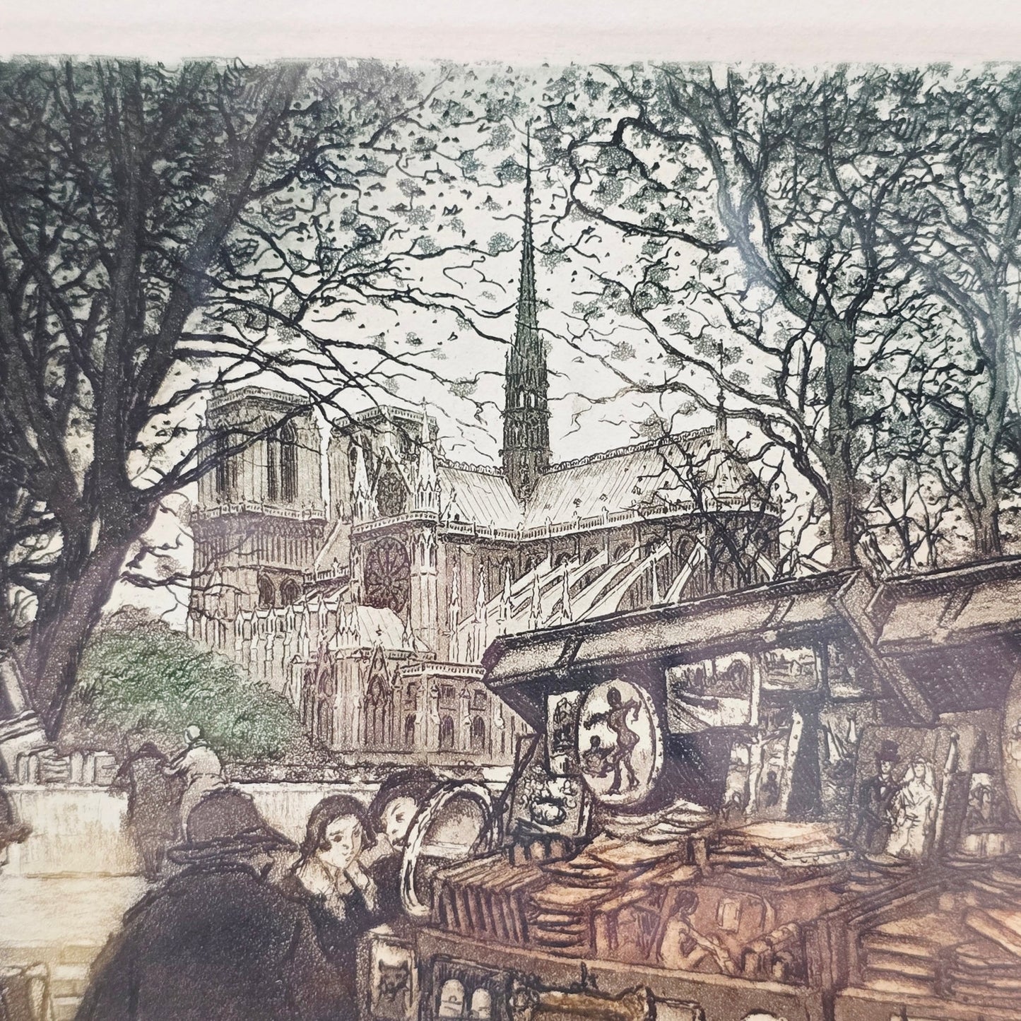 Signed Huberly Paris Scene HandColored Etching Marchands de gravures Notre Dame