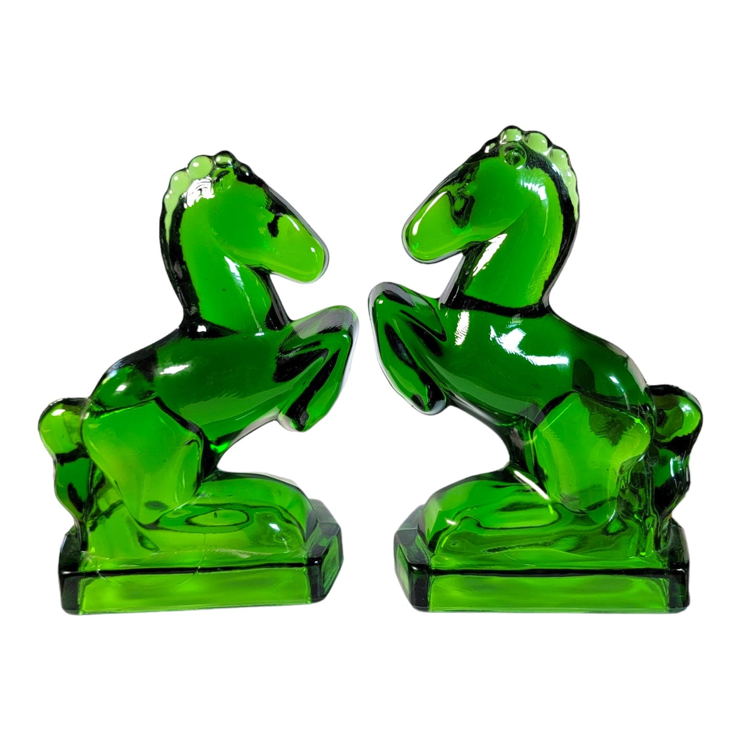 LE Smith Emerald Green Glass Rearing Horse Bookends Set of 2, 8" Tall