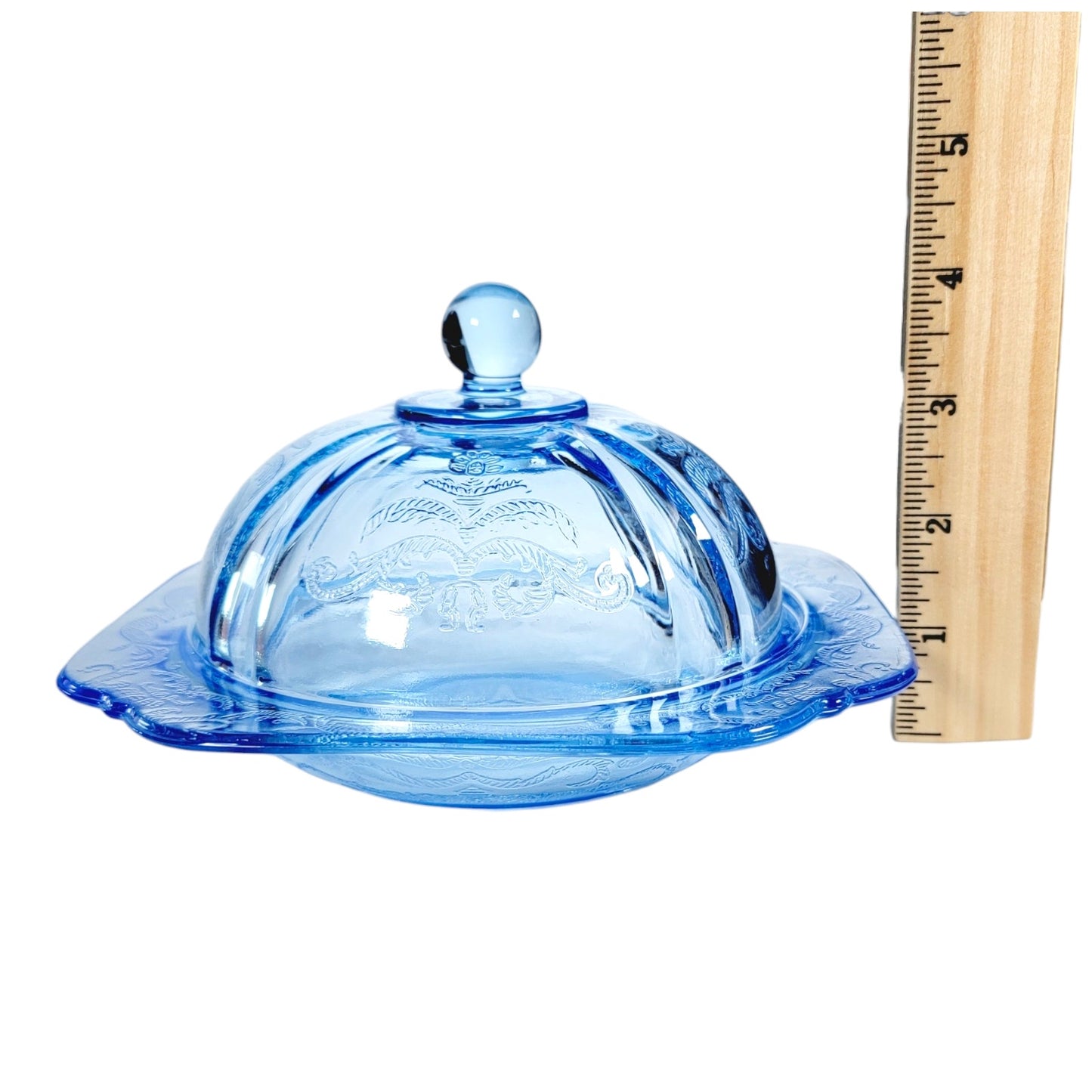 Vintage Indiana Glass Blue Madrid Covered Dish, Blue Depression Glass 6.75"