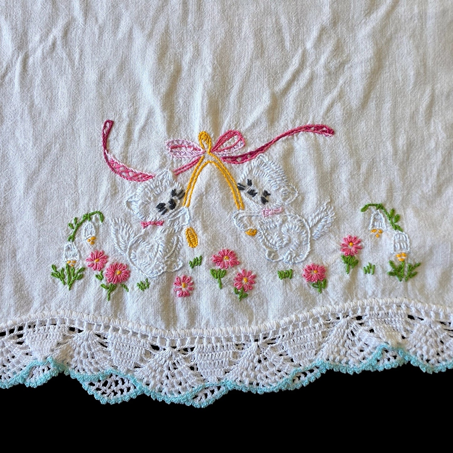 Vintage Embroidered Pillowcase Cats Wishbone Blue Lace Trim Pink Bow