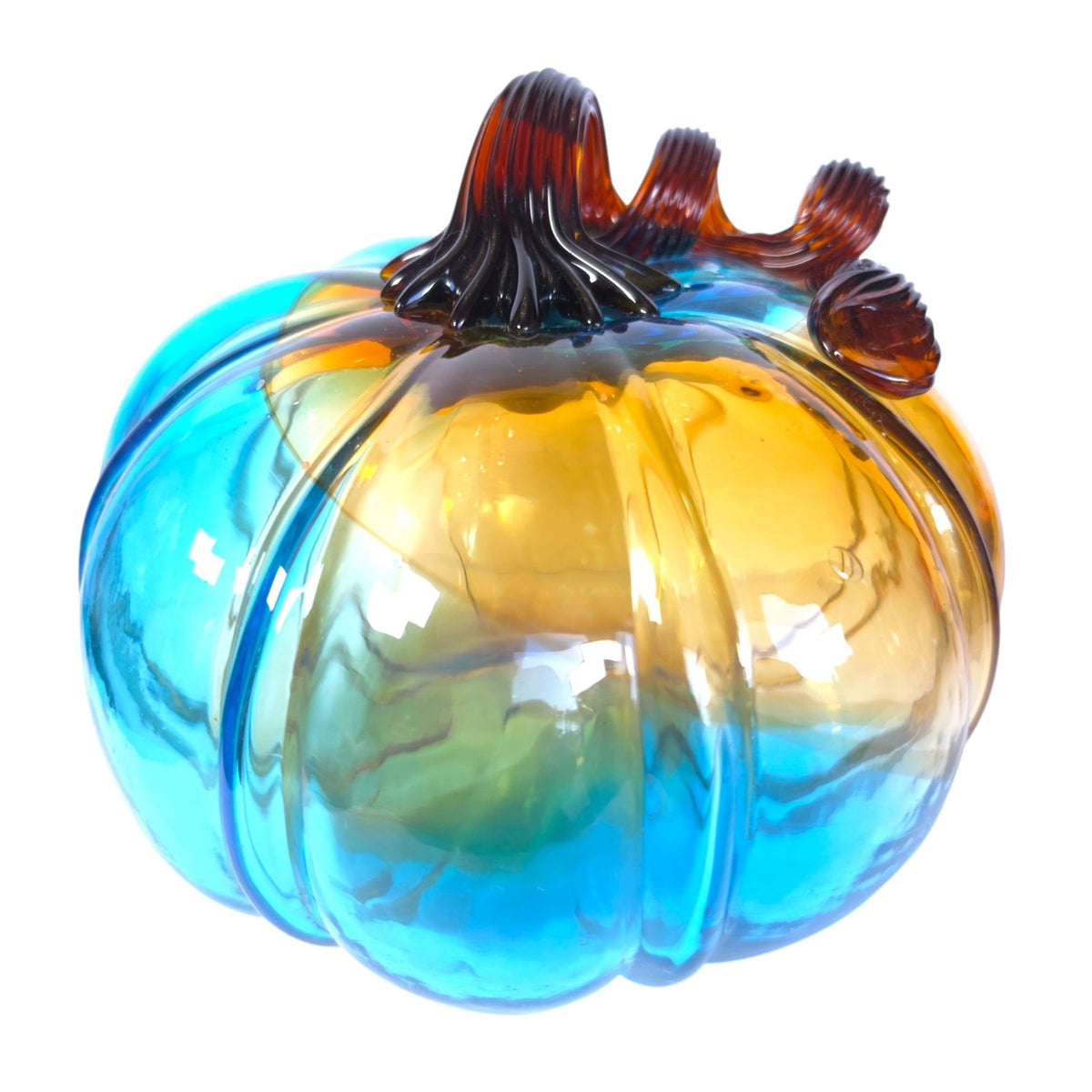Hand Blown Art Glass Pumpkin Turquoise Blue Amber Brown Curly Stem Fall Decor
