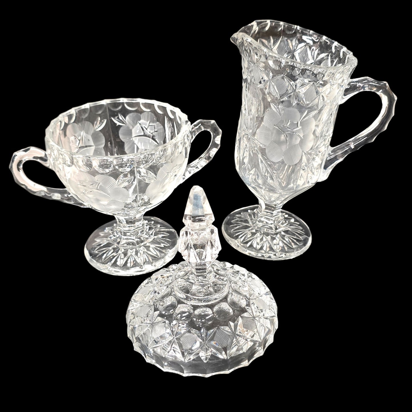 1930's Clear Selenium Glass Creamer & Sugar Set - Frosted Rose - 365nm Pink Glow
