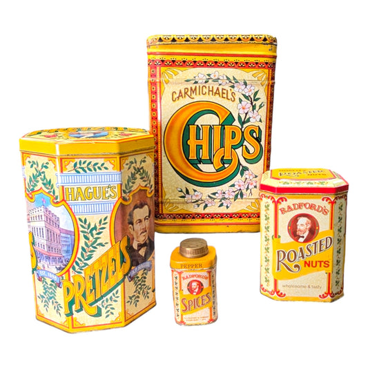 4 pc Vintage Nesting Tin Cannisters, Carmichael's Chips, Hague's Pretzels, Radford's Roasted Nuts and Radford's Spice Jar