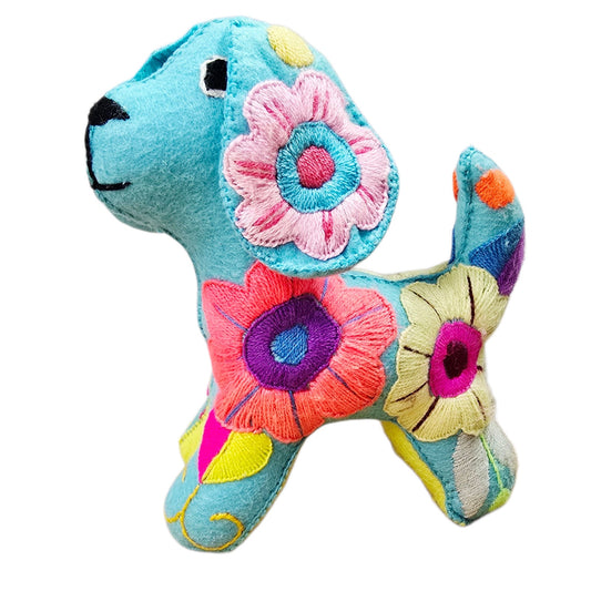 Vintage Mexican Otomi Embroidered Felt Dog Figurine Colorful Folk Art Boho Decor