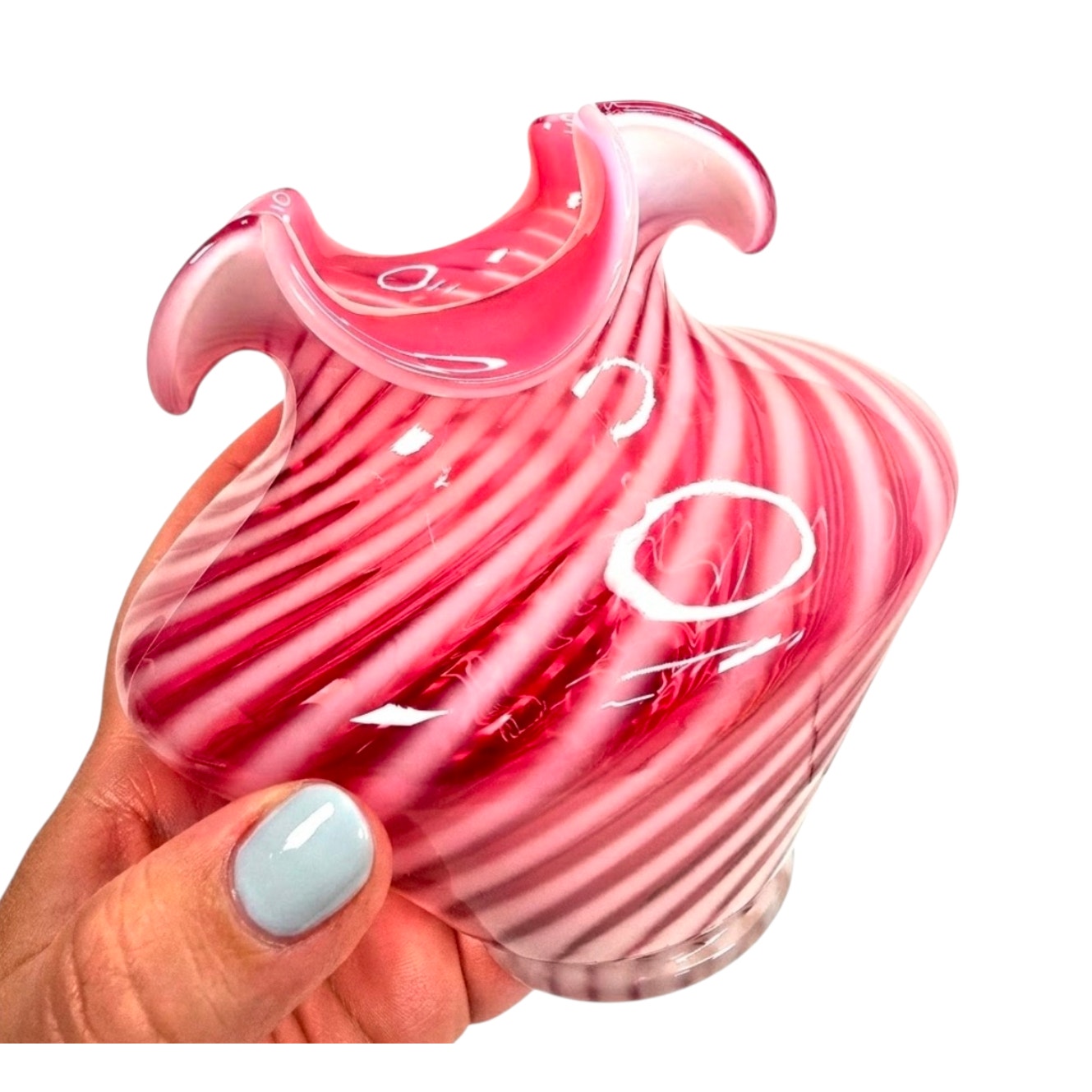 Fenton Cranberry Opalescent Swirl Glass Vase Ruffled Rim Vintage Pink